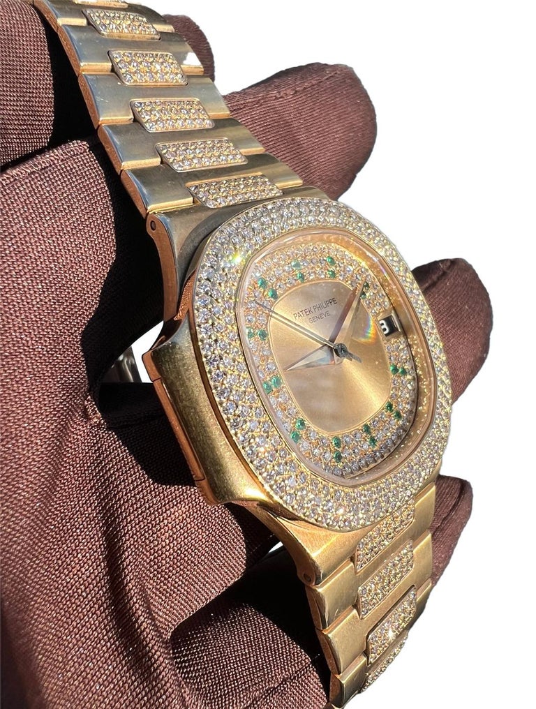 Modernist Patek Philippe Nautilus Yellow Gold Diamond-Set Ruby Markers Watch 3800/105J-001 For Sale