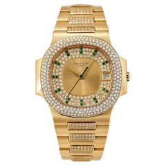Vintage Patek Philippe Nautilus Yellow Gold Diamond Emerald Hour Watch 3800/105J-001