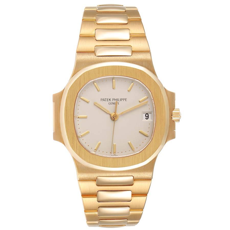 Patek Philippe Nautilus Yellow Gold Silver Dial Mens Watch 3800 Box Papers. Automatic self-winding movement. 18k yellow gold coushion shape case 37.5 x 37.5 mm. 18k yellow gold bezel. Scratch resistant sapphire crystal. Silver dial with raised
