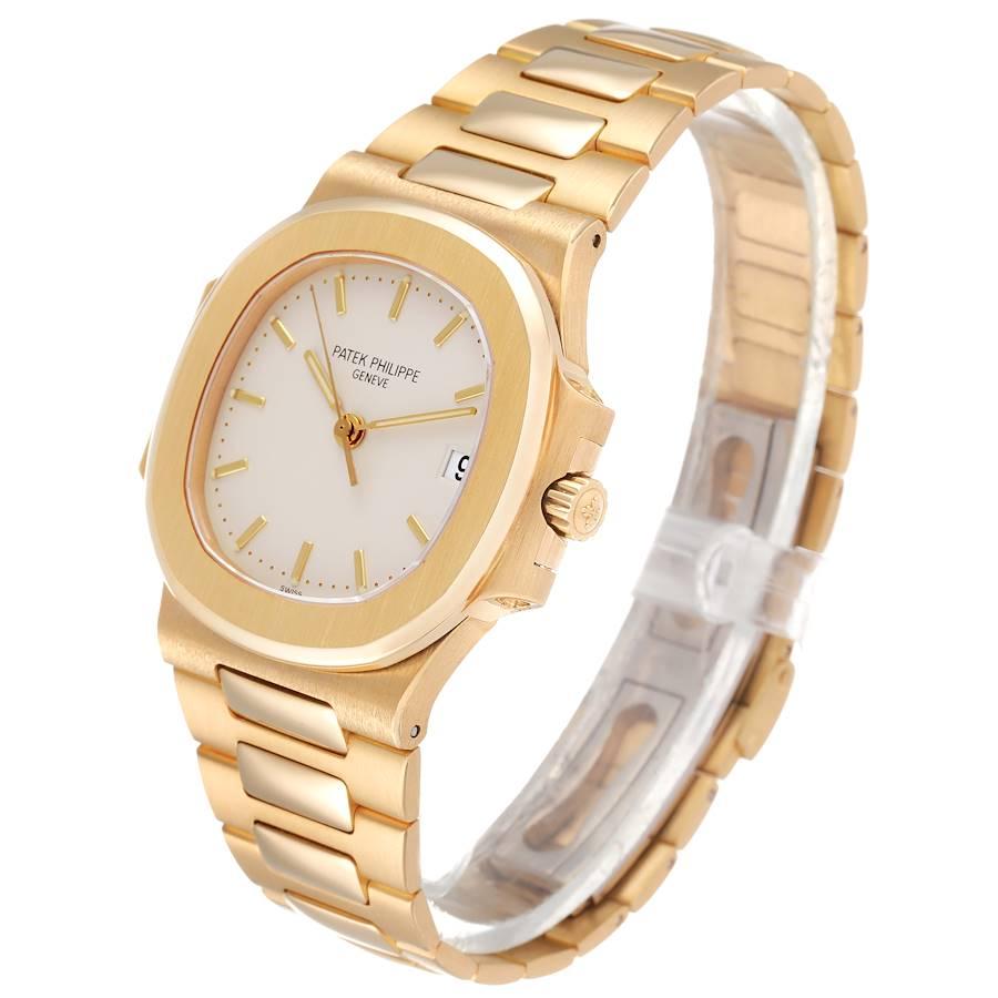 Patek Philippe Nautilus Yellow Gold Silver Dial Mens Watch 3800 Box Papers In Excellent Condition In Atlanta, GA
