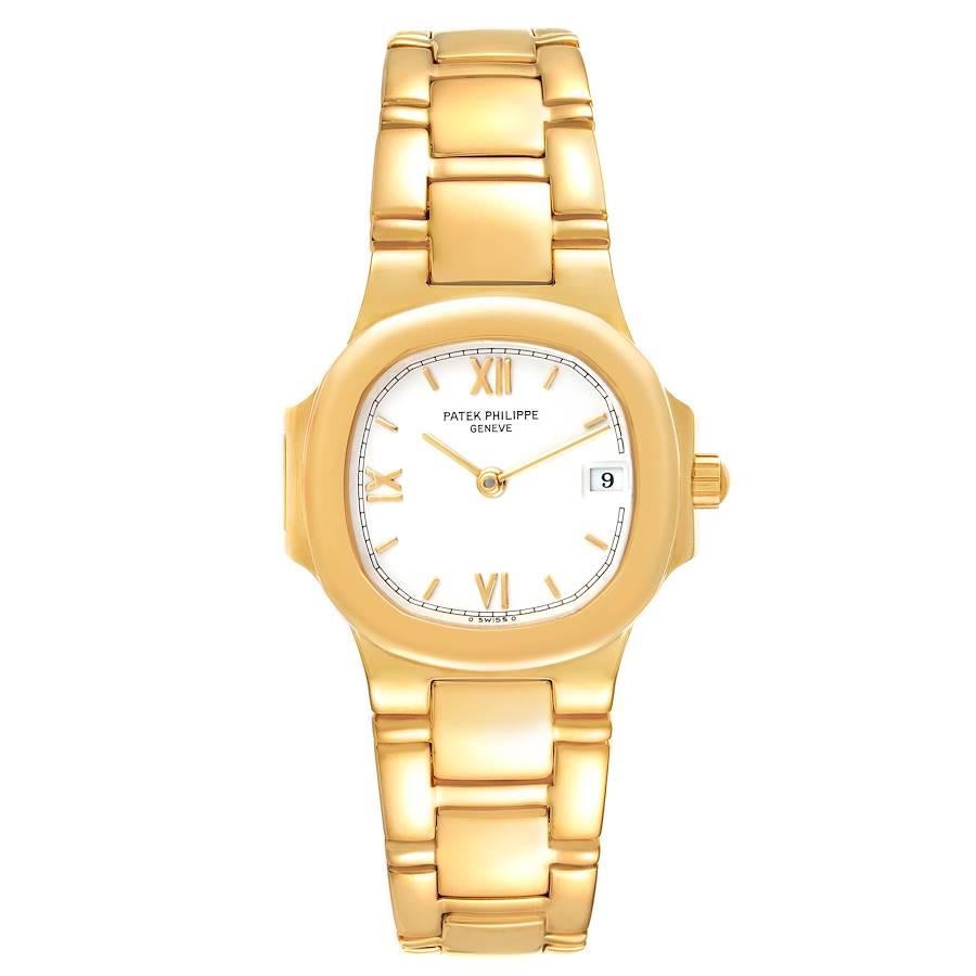 Patek Philippe Nautilus Yellow Gold White Dial Ladies Watch 4700. Quartz movement. 18k yellow gold coushion shape case 28 x 28 mm. 18K yellow gold smooth bezel. Scratch resistant sapphire crystal. White dial with raised yellow gold baton and roman