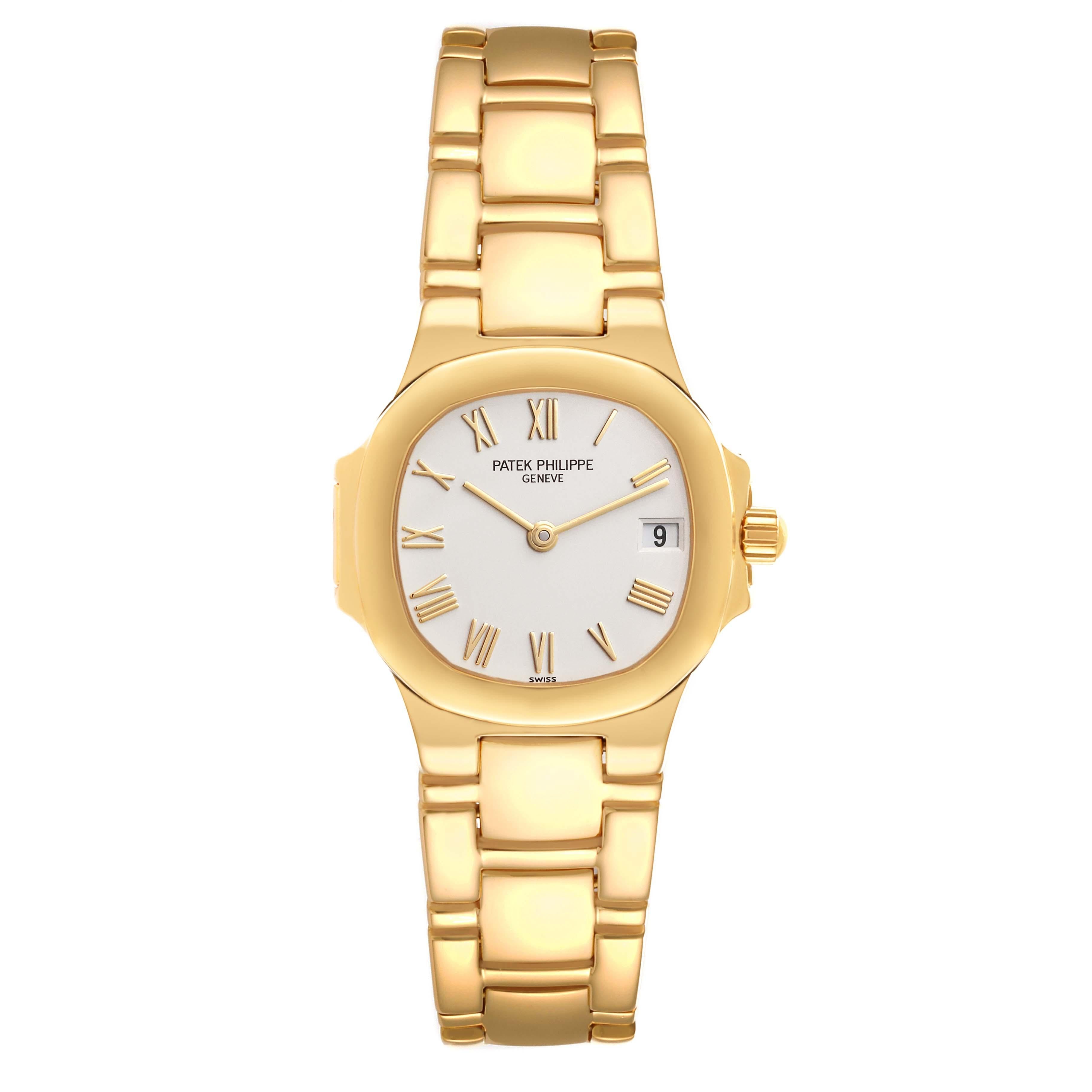Patek Philippe Nautilus Yellow Gold White Dial Ladies Watch 4700. Quartz movement. 18k yellow gold cushion shape case 24.5 mm x 26 mm. 18K yellow gold smooth bezel. Scratch resistant sapphire crystal. White ivory dial with raised yellow gold Roman