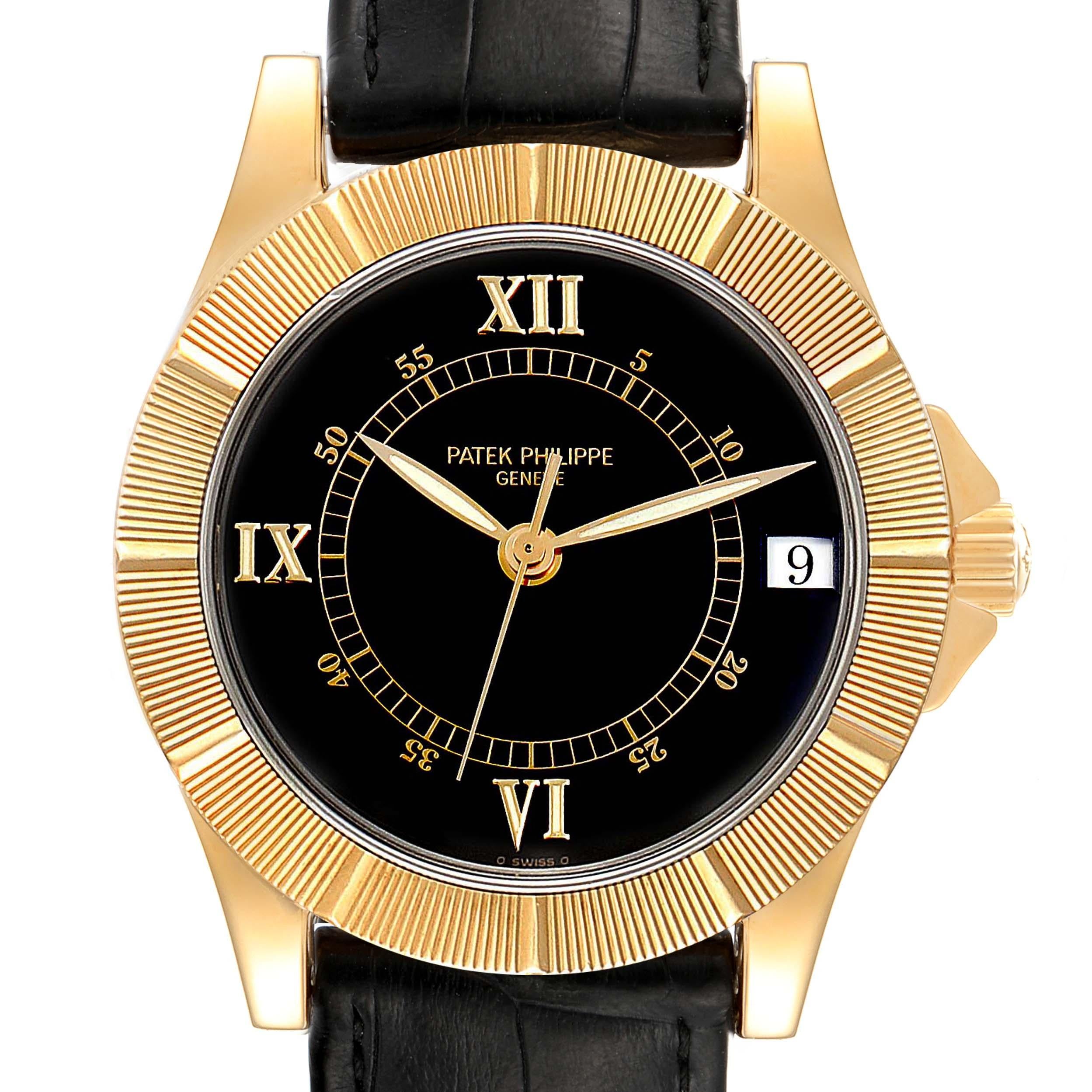 Patek Philippe Neptune Black Dial 18k Yellow Gold Mens Watch 5081. Automatic self-winding movement. Self-compensating balance spring, solid gold rotor, 48 hour power reserve and engraved with the Geneva Seal. 18k yellow gold round case 36.0 mm in