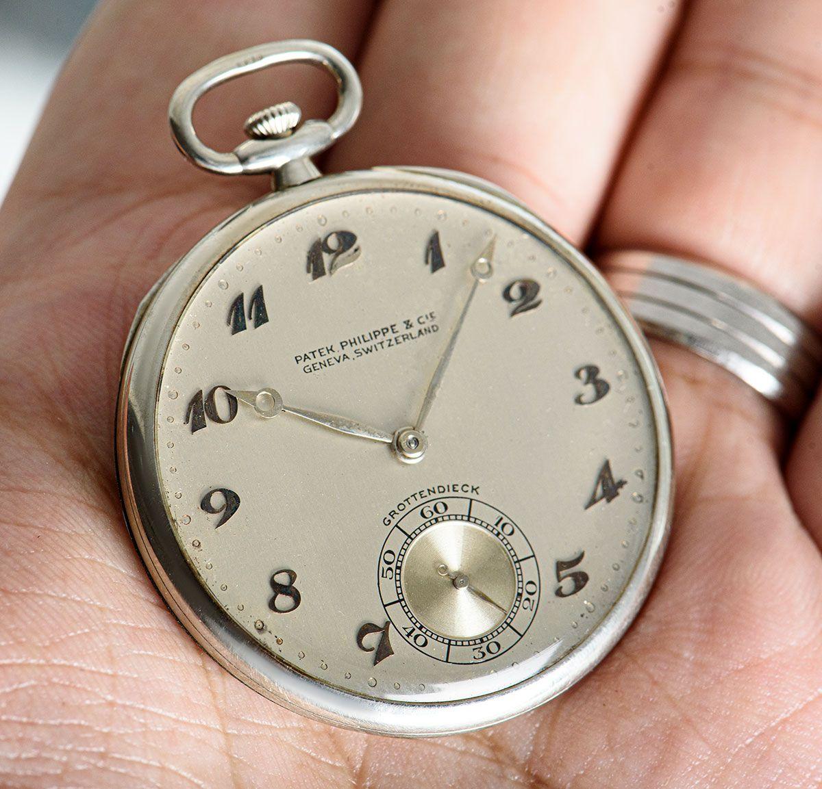 Patek Philippe Open Face Pocket Watch Bassine Style Vintage Men's 18k White Gold In Excellent Condition In London, GB