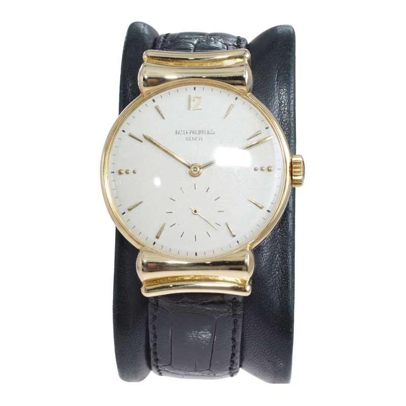 FACTORY / HOUSE: Podell
STYLE / REFERENCE: Mid Century Modern
METAL / MATERIAL: 18Kt. Yellow Gold
CIRCA / YEAR: 1948
DIMENSIONS / SIZE: 44mm X 34mm
MOVEMENT / CALIBER: Manual Winding / 18 Jewels / Cal. 12-120
DIAL / HANDS: Original Silvered with