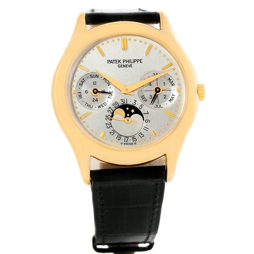 Patek Philippe Perpetual Calendar Grand Complications Mens 18K Yellow Gold Watch. Model 3940. Automatic movement. Rhodium plated, fausses cotes decoration, straight-line lever escapement, Gyromax balance adjusted to heat, cold, isochronism and 5