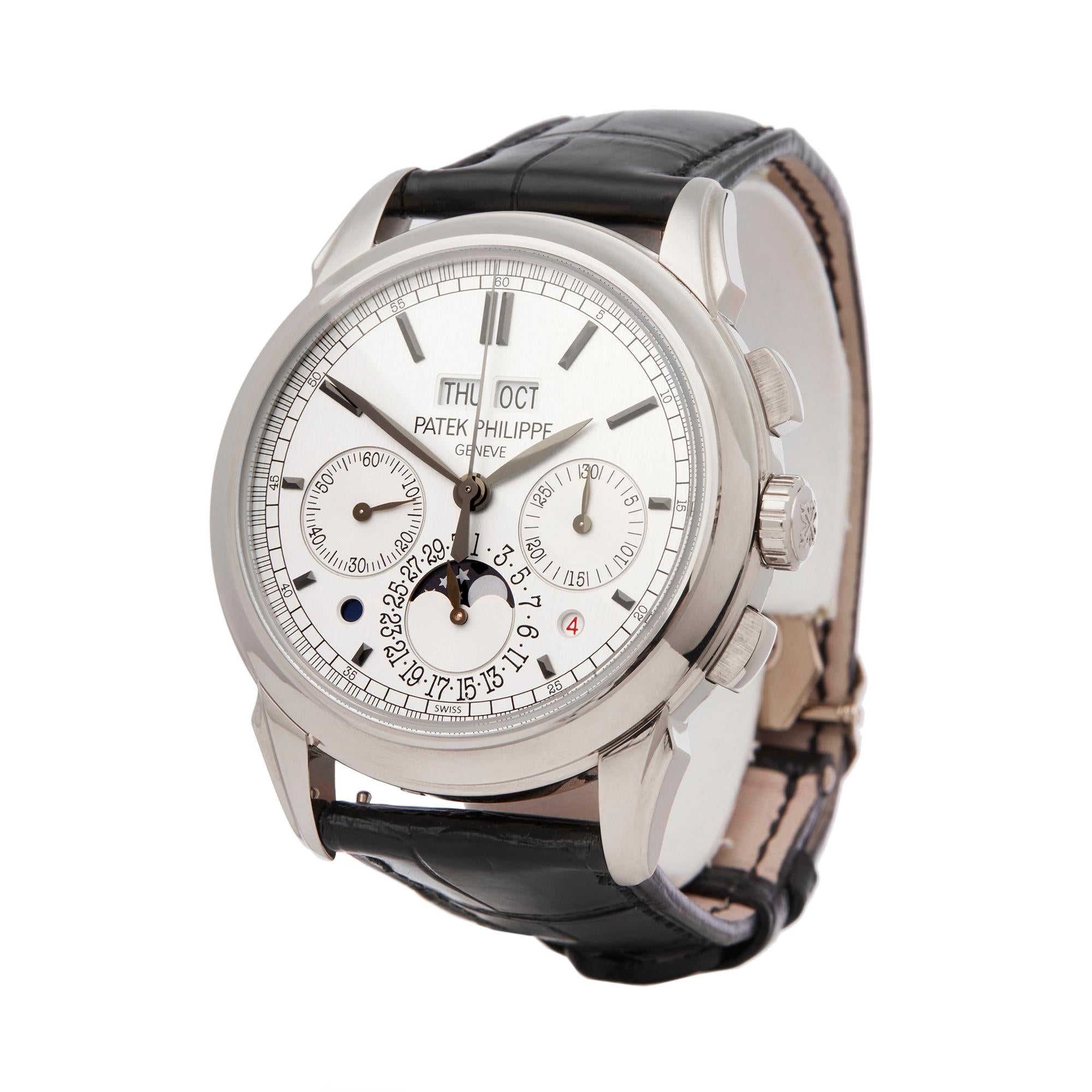 Reference: COM2087
Manufacturer: Patek Philippe
Model: Perpetual Calendar
Model Reference: 5270G-001
Age: 24th November 2011
Gender: Men's
Box and Papers: Box, Manuals and Guarantee
Dial: Silver Baton
Glass: Sapphire Crystal
Mechanical
