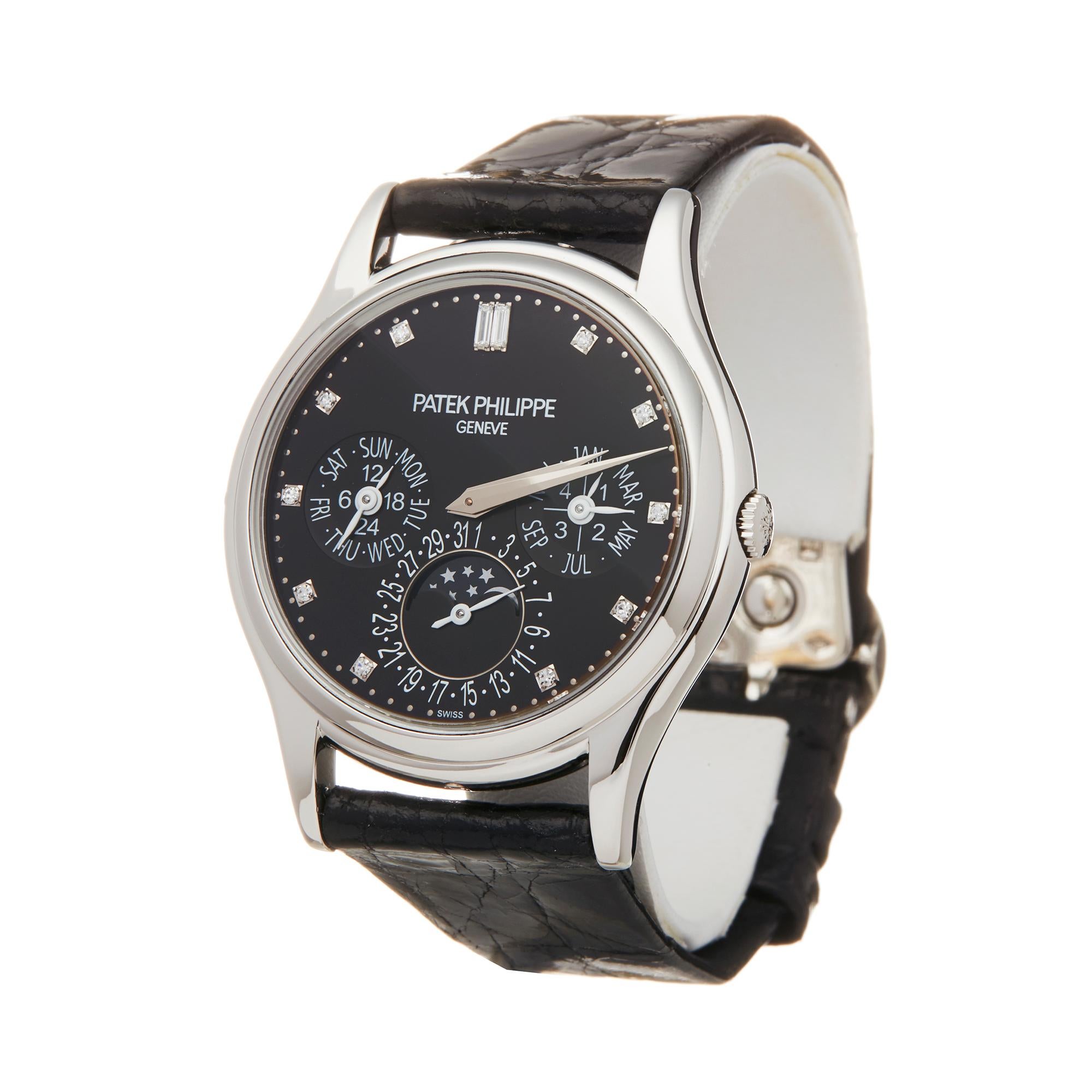 Ref: W5758
Manufacturer: Patek Philippe
Model: Perpetual Calendar
Model Ref: 5140P
Age: Circa 2000's
Gender: Mens
Complete With: Box Only
Dial: Black & Diamond Markers
Glass: Sapphire Crystal
Movement: Automatic
Water Resistance: To Manufacturers