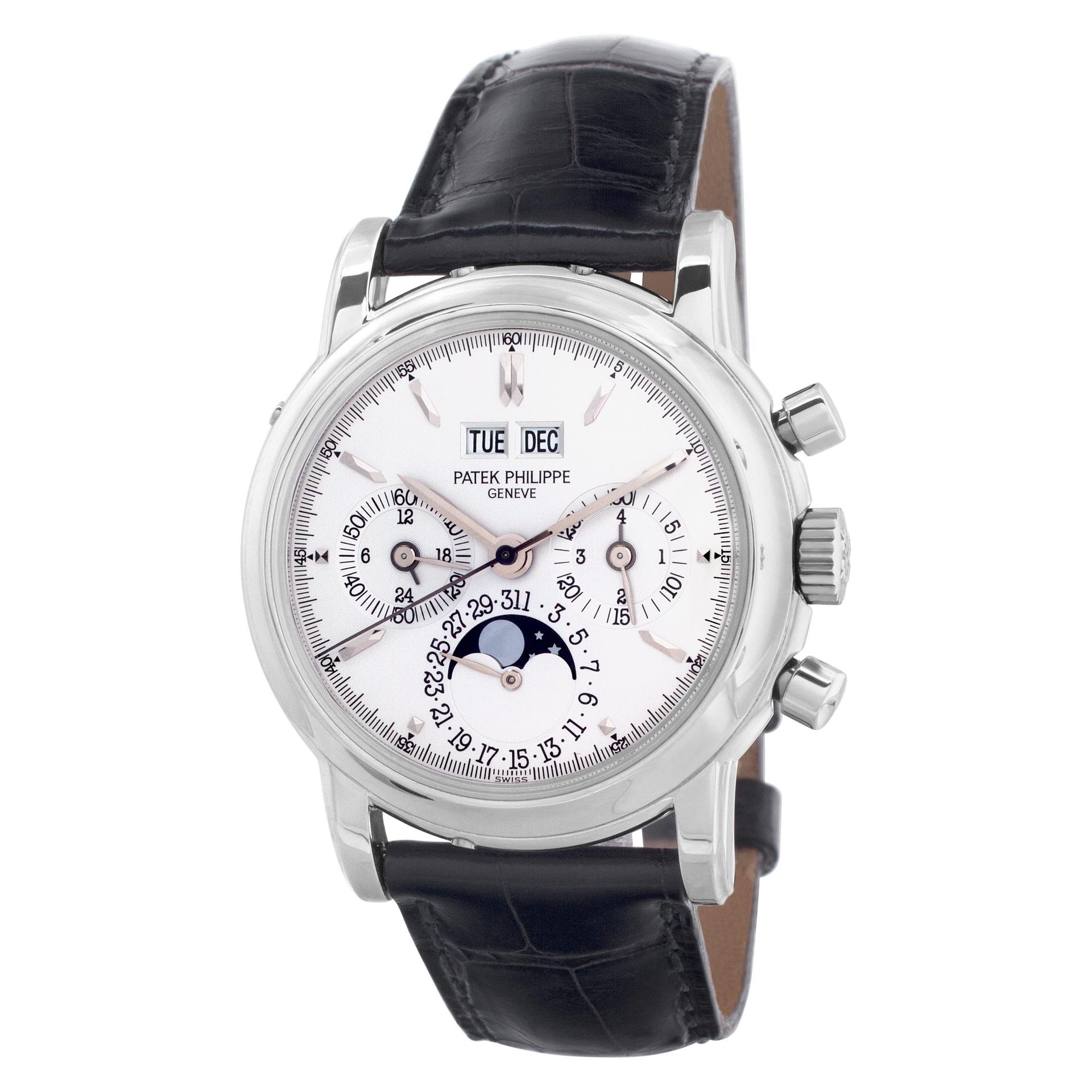 YOUR PRICE: $159,735.00

Collectible Patek Philippe Perpetual Calendar Chronograph in platinum on a black alligator strap with platinum deployment buckle. Manual w/ sub-seconds, date, day, perpetual calendar, chronograph and moon phase. With box and