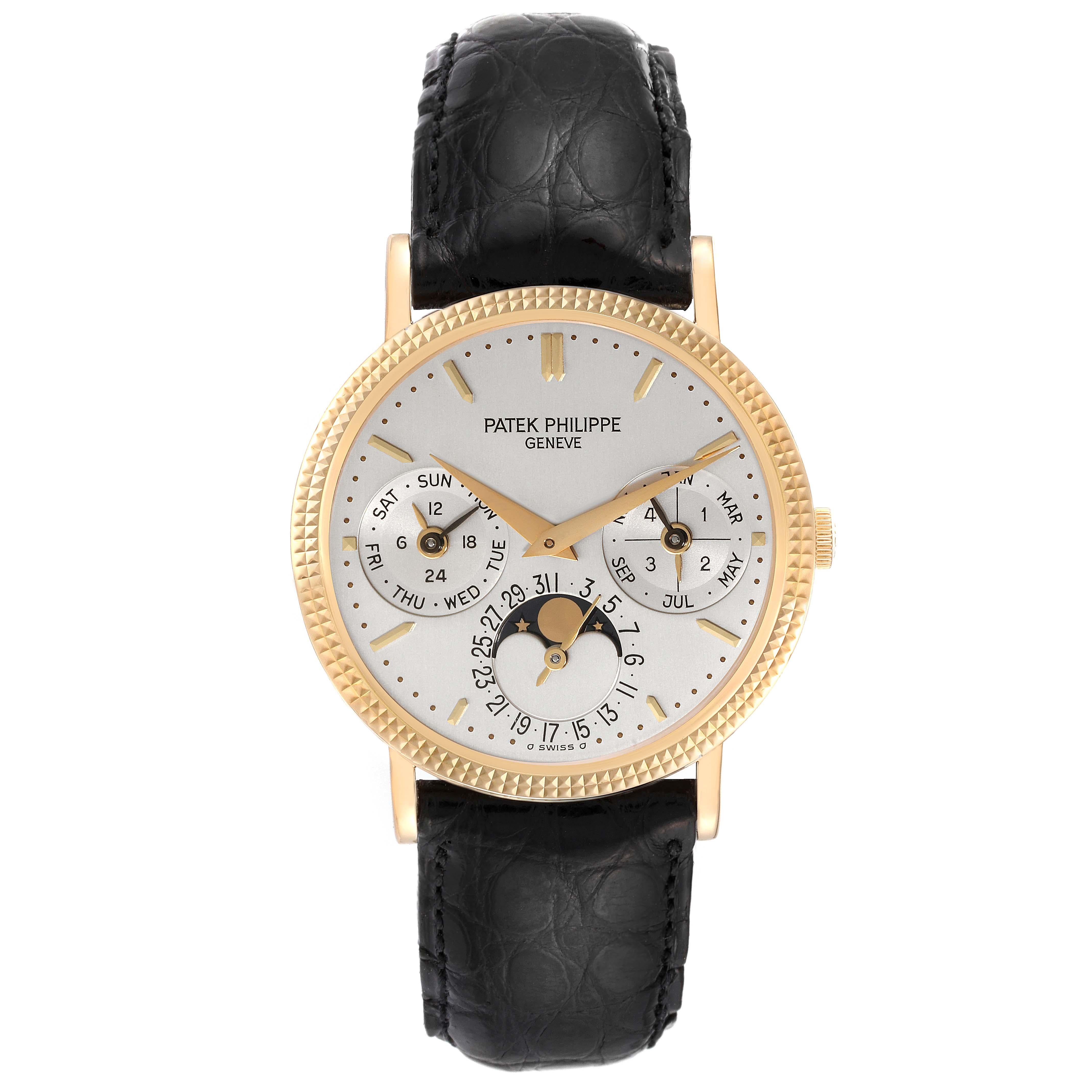 Patek Philippe Perpetual Calendar Yellow Gold Mens Watch 5039. Automatic self-winding  movement.  Perpetual calendar complication displaying the Day, month, date, moon phase, leap year and 24 hours. 18k yellow gold case 35 mm in diameter.