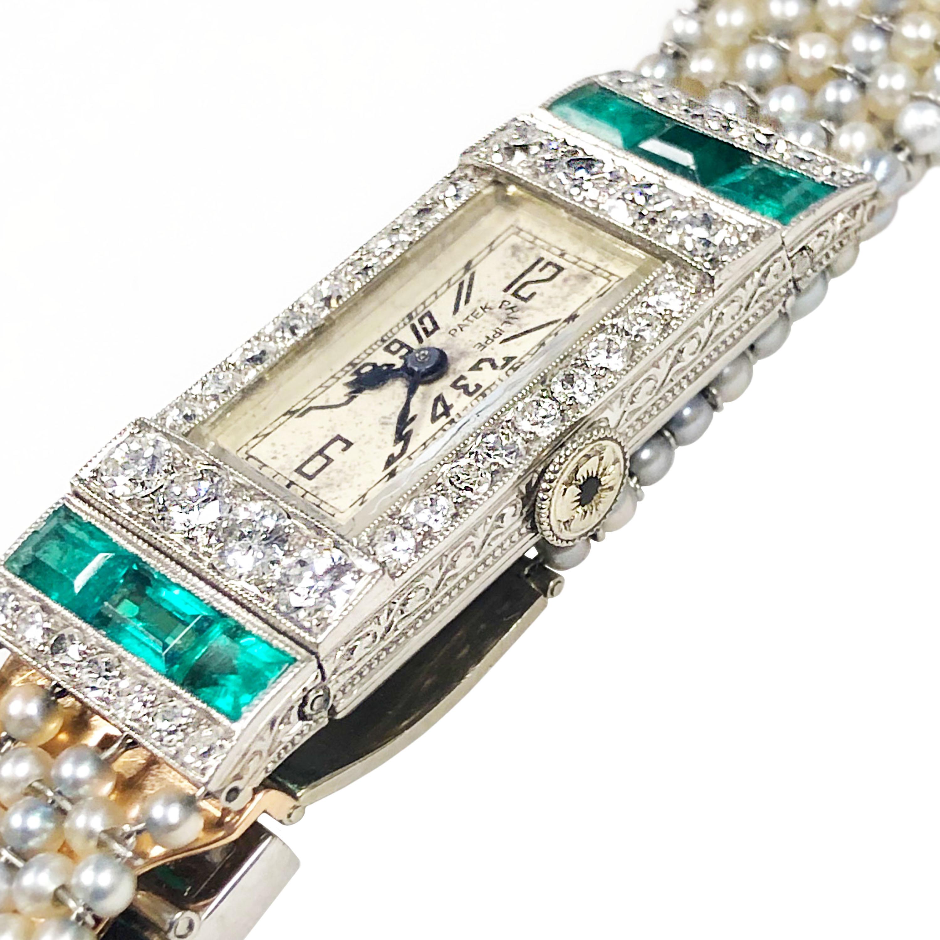 Circa 1920s Patek Philippe Ladies Art Deco Wrist Watch, 35 MM X 10 MM Platinum French hallmarked Case. The case and crown are intricately decorated with hand engraved design and Millgrain work. Set with European cut Diamonds totaling 1.50 Carats and