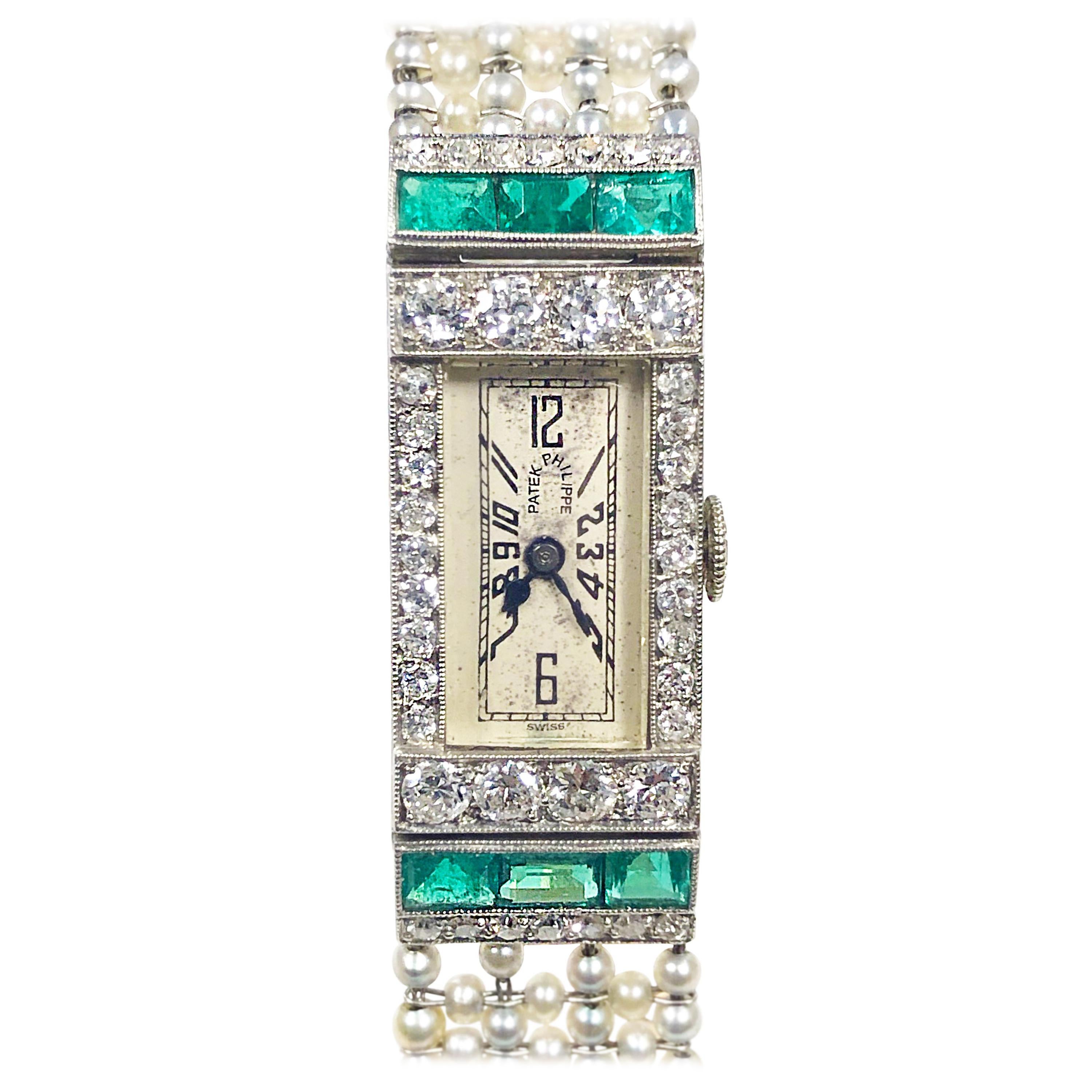 Patek Philippe Platinum Diamond Emerald and Pearl Bracelet 1920s Wristwatch