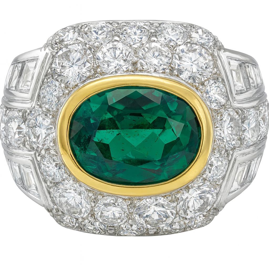 Patek Philippe Platin Smaragd und Diamant Ring

Ein seltenes und elegantes Schmuckstück von Patek Philippe, gefertigt aus Platin (PT950) und signiert P.P.Co. Dieser raffinierte Ring präsentiert einen atemberaubenden oval geschliffenen Smaragd von
