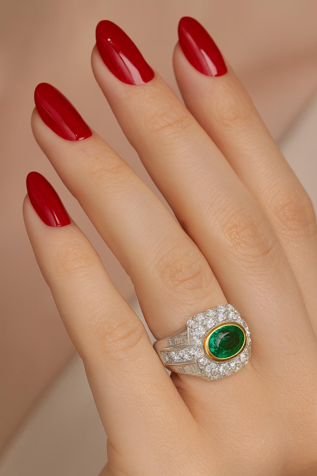 Patek Philippe Platin Smaragd und Diamant Ring (Kegel-Cabochon) im Angebot