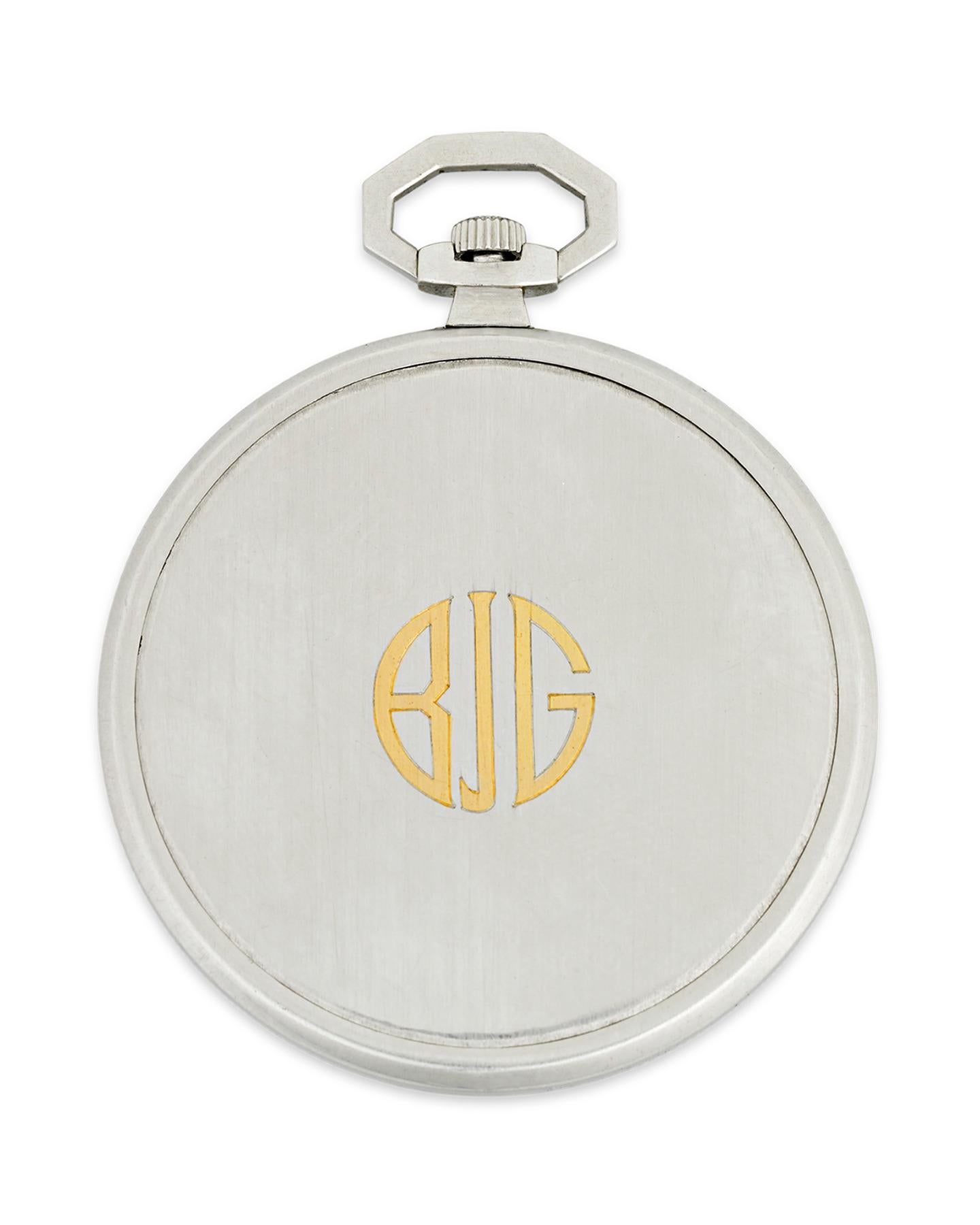 This classically handsome pocket watch was created by the great Swiss watchmaker Patek Philippe for the famed Tiffany & Co., combining the very best craftsmanship of both Europe and North America. The skillfully constructed inner workings of the