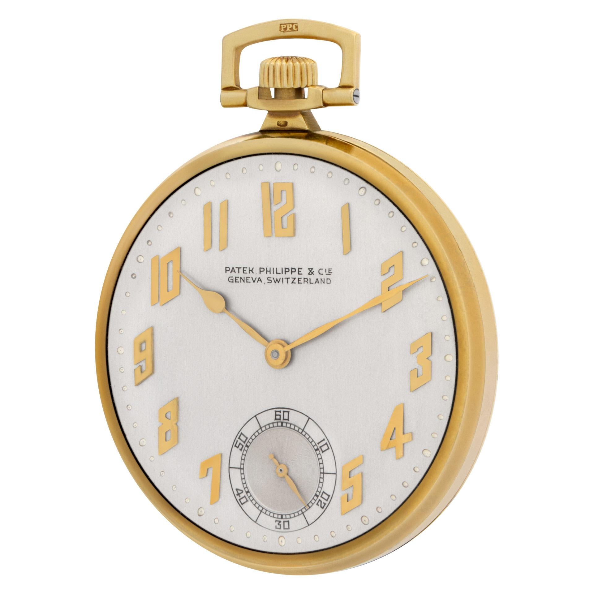 Patek Philippe Taschenuhr aus 18k hochglanzpoliertem Gelbgold. Das Zifferblatt ist mit goldfarbenen arabischen Ziffern und einer Subsekunde versehen. Handaufzug. 42 mm Gehäusegröße. Ca. 1926. Einschließlich Archivunterlagen. Fein Pre-owned Patek