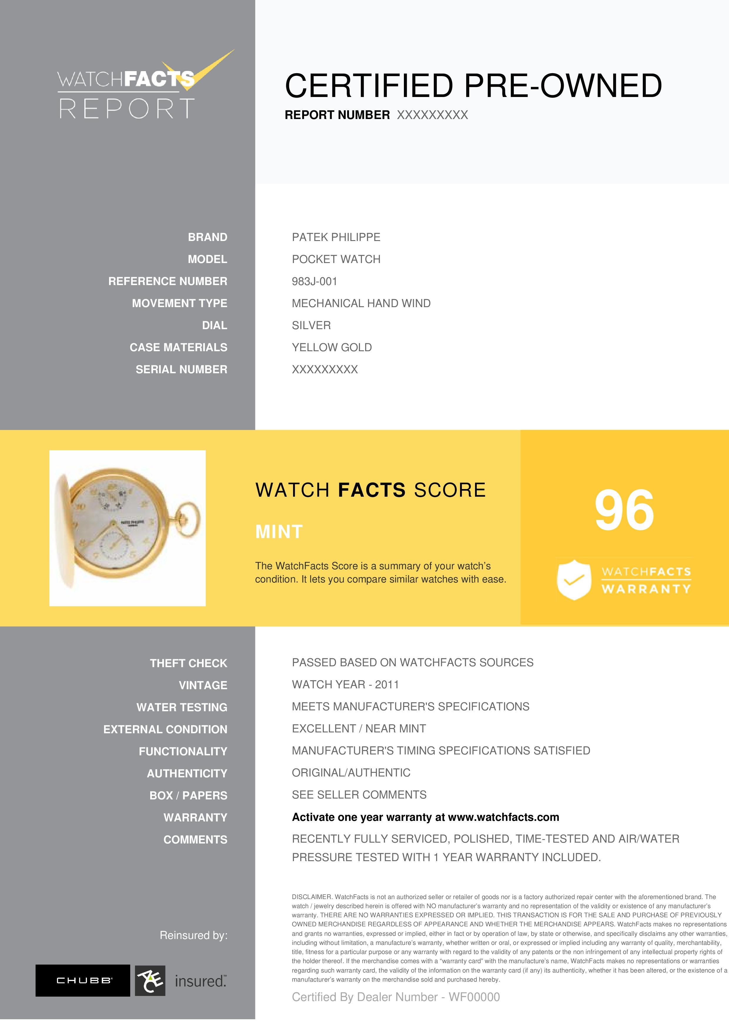 Patek Philippe Pocket Watch Reference #: 983J-001. Mens Mechanical Hand Wind Watch Yellow Gold Silver 0 MM. Verified and Certified by WatchFacts. 1 year warranty offered by WatchFacts.
