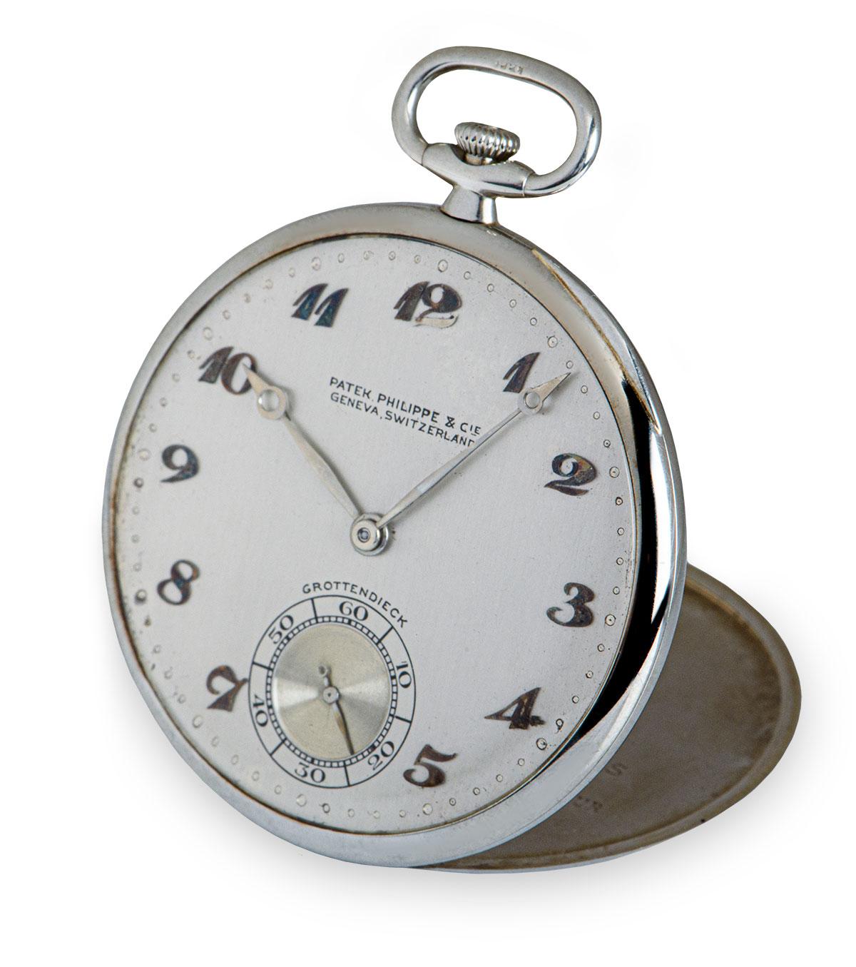 A 43 mm 18k White Gold Open Face Bassine Style Double Name Grottendieck Vintage Gents Pocket Watch, silvered dial with applied Breguet numerals, small seconds at 6 0'clock, a fixed 18k white gold bezel, plastic glass, manual wind movement, in