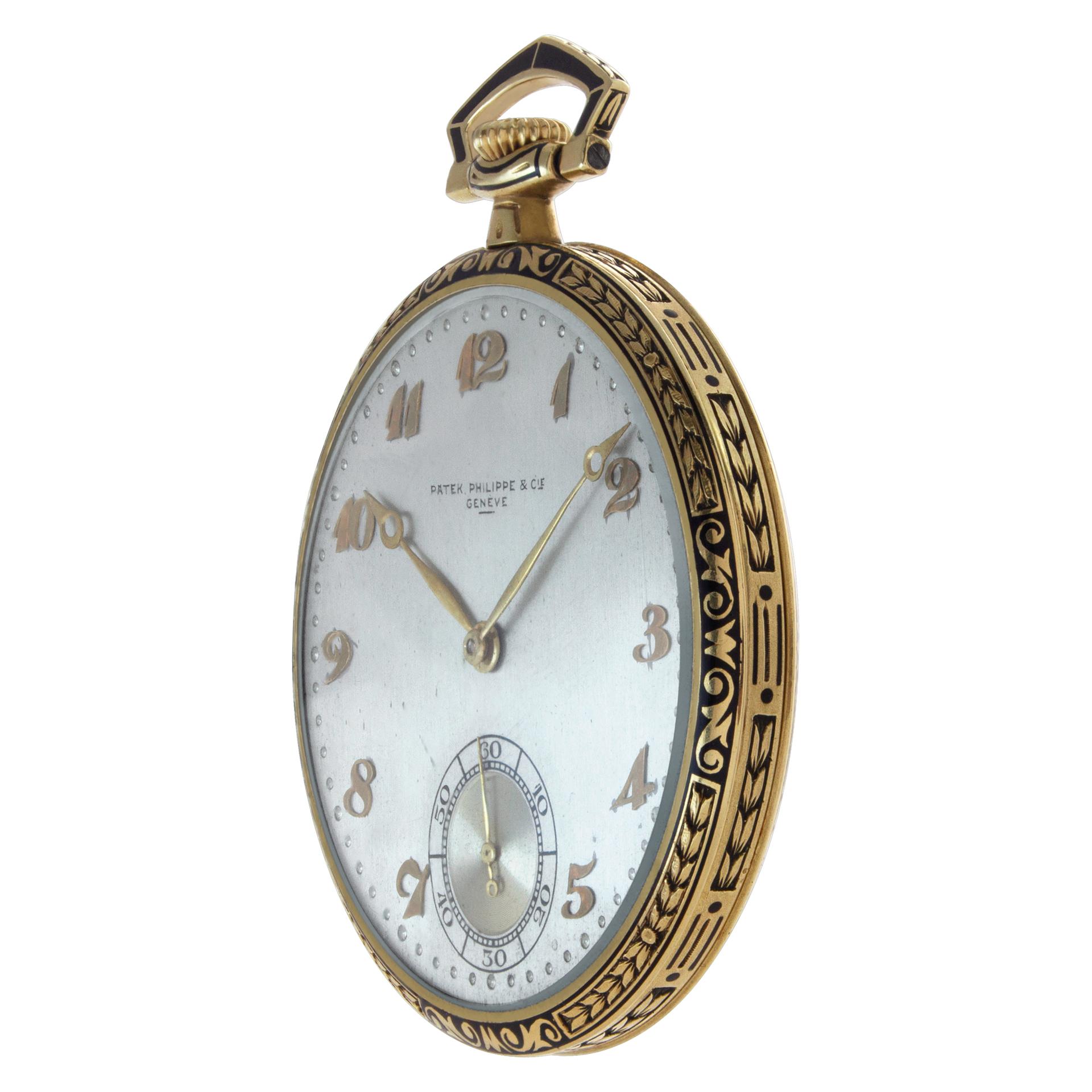 Vintage Art Deco enamel Patek Philippe pocket watch in 18k yellow and white gold. Manual w/ subseconds. 44 mm case size. Circa 1927 Fine Pre-owned Patek Philippe Watch.

Certified preowned Vintage Patek Philippe pocket watch 806660 watch is made out