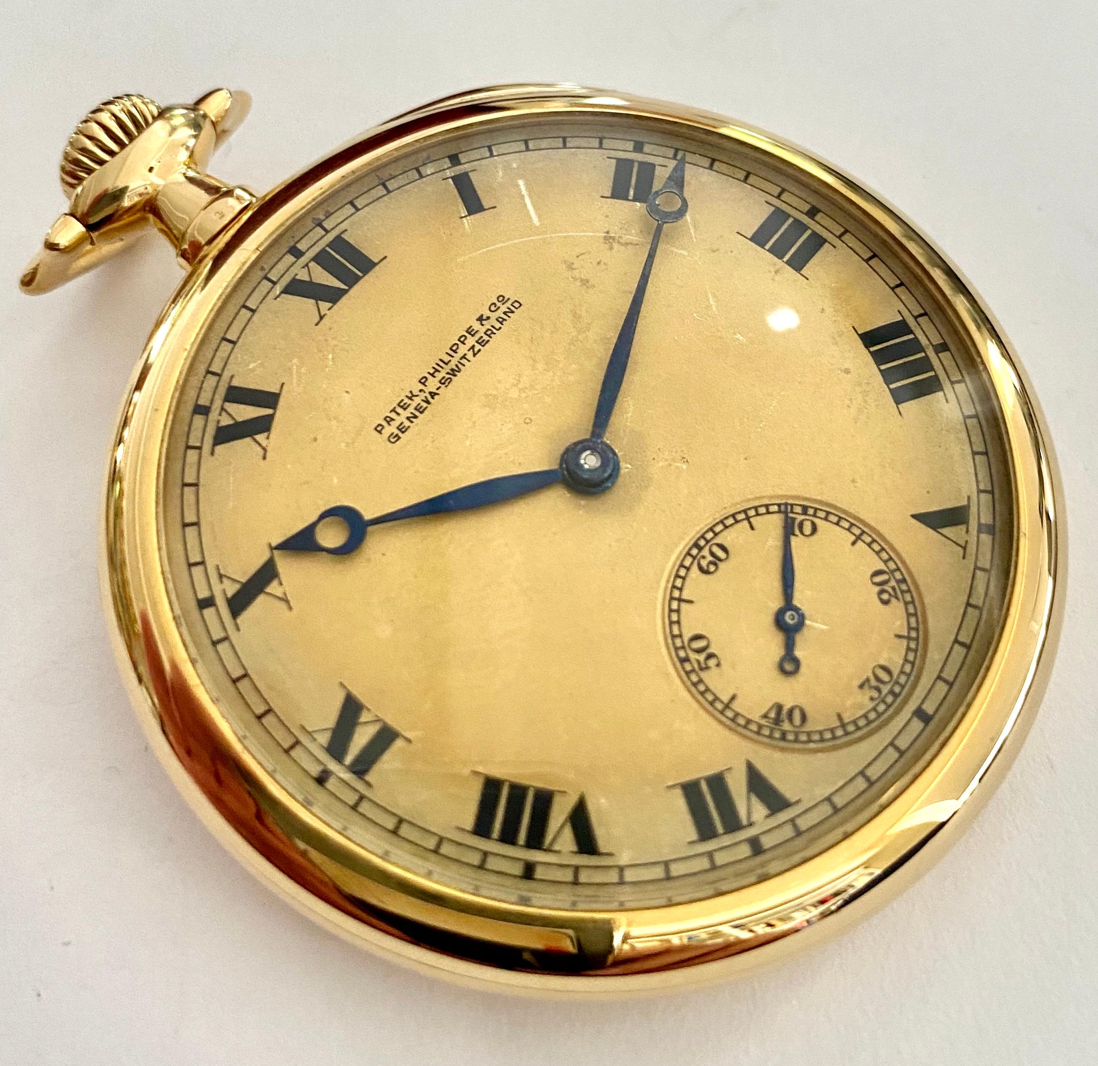 One (1) 18K. yellow gold Pocket Watch from Patek - Philippe 
Movement:  17''' lever escapment with raquette fine adjusting.
Dial: Gilded with Roman numerals and a subsidary seconds dial.
Production Year: 1918
messerments:  44 mm round,  thick: 10