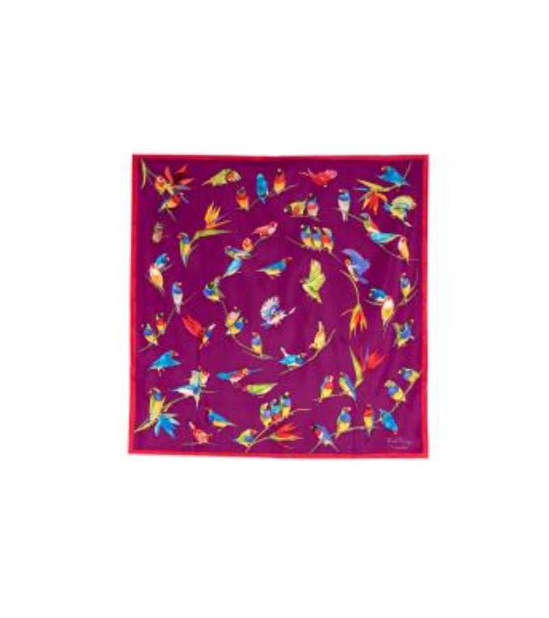 Patek Phillipe Purple Birds of Paradise Print Silk Scarf

- Square silk scarf in purple fuchsia with a red border 
- Multicolour bird print with birds of paradise flowers 
- Logo in one corner 
- Hand stitched edges 
- Comes in box with pink tissue