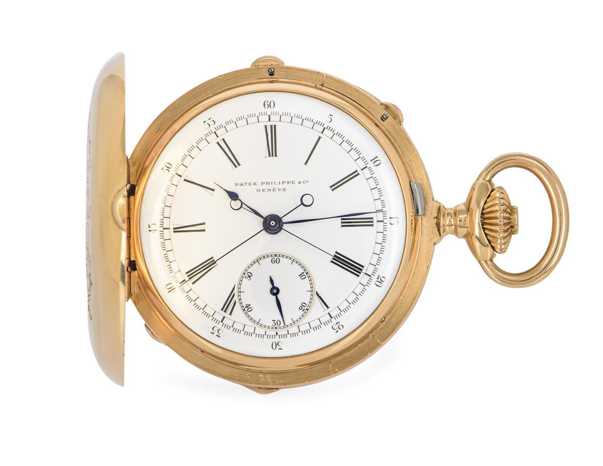 Patek Philippe Rare Full Hunter Pocket Watch Split Seconds Chronograph Rose Gold In Excellent Condition In London, GB