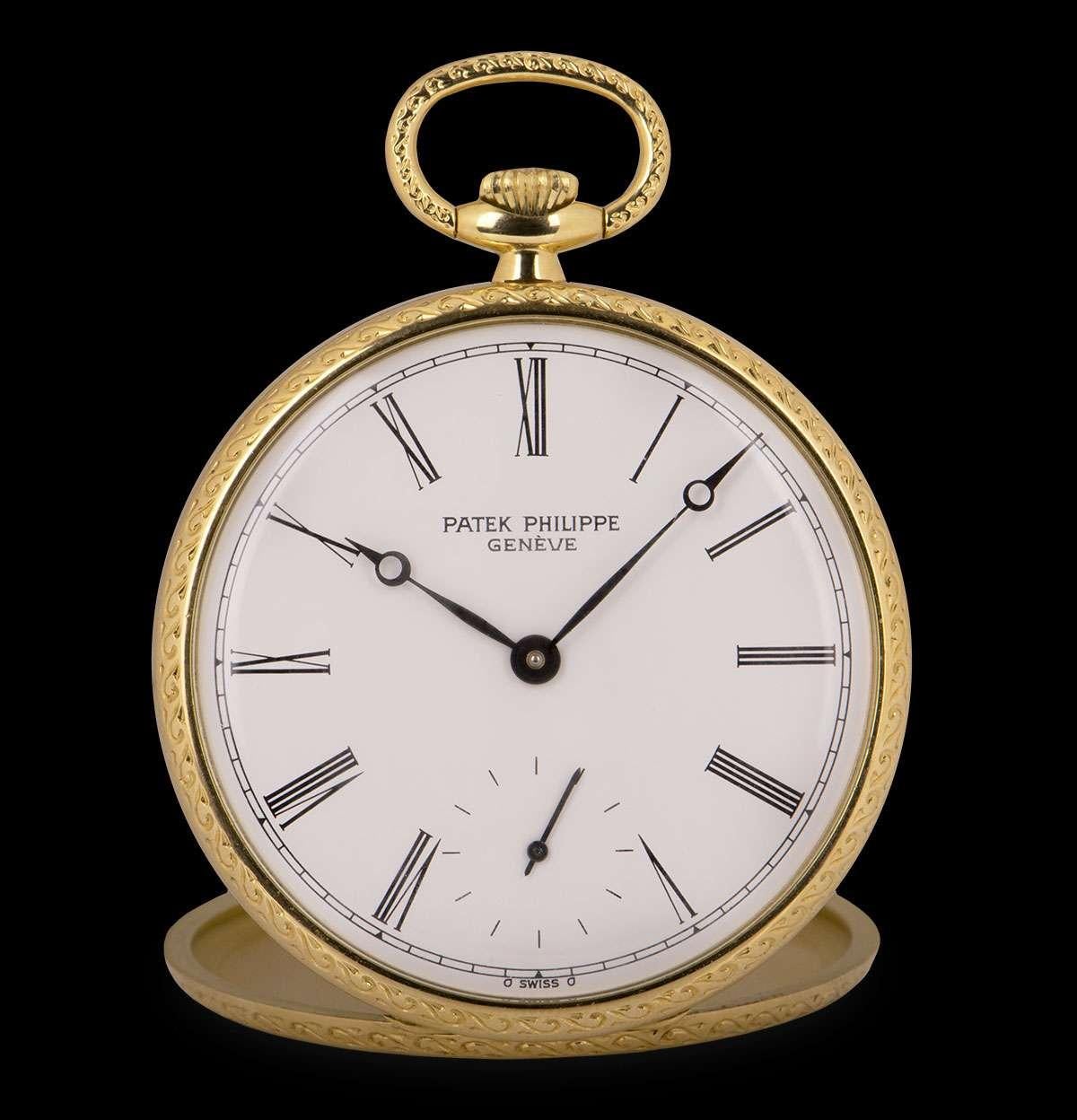 A Rare 18k Yellow Gold Open Face 44mm Vintage Gents Pocket Watch, white lacquered dial with roman numerals, small seconds at 6 0'clock, a fixed 18k yellow gold bezel, plastic glass, 18k yellow gold caseback decorated with a marine landscape, manual
