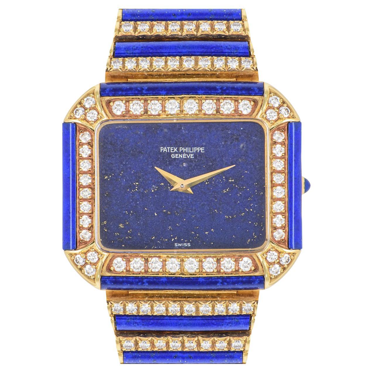 A very rare vintage Cocktail watch by Patek Philippe in yellow gold. Featuring a lapis lazuli dial and diamond set bezel. The bezel is also set with lapis, as is the crown.

The lapis and diamond set bracelet comes equipped with a jewellery style