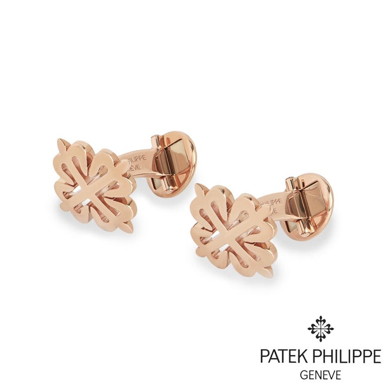 A stylish pair of 18k rose gold cufflinks by Patek Philippe from the Calatrava collection. The cufflinks are set with the signature Calatrava cross design and finish with T-bar fittings. The cufflinks measure 1.9 cm in length, 1.4 cm in width and