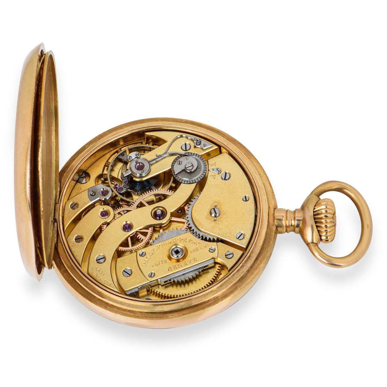 A Patek Philippe 18ct rose gold, keyless lever Gondolo open face pocket watch, 1904.

Dial: A perfect white enamel Roman dial signed Patek Philippe & Co Genève with sub second dial signed above Chronometro Gondolo with gold spade hands covered by a