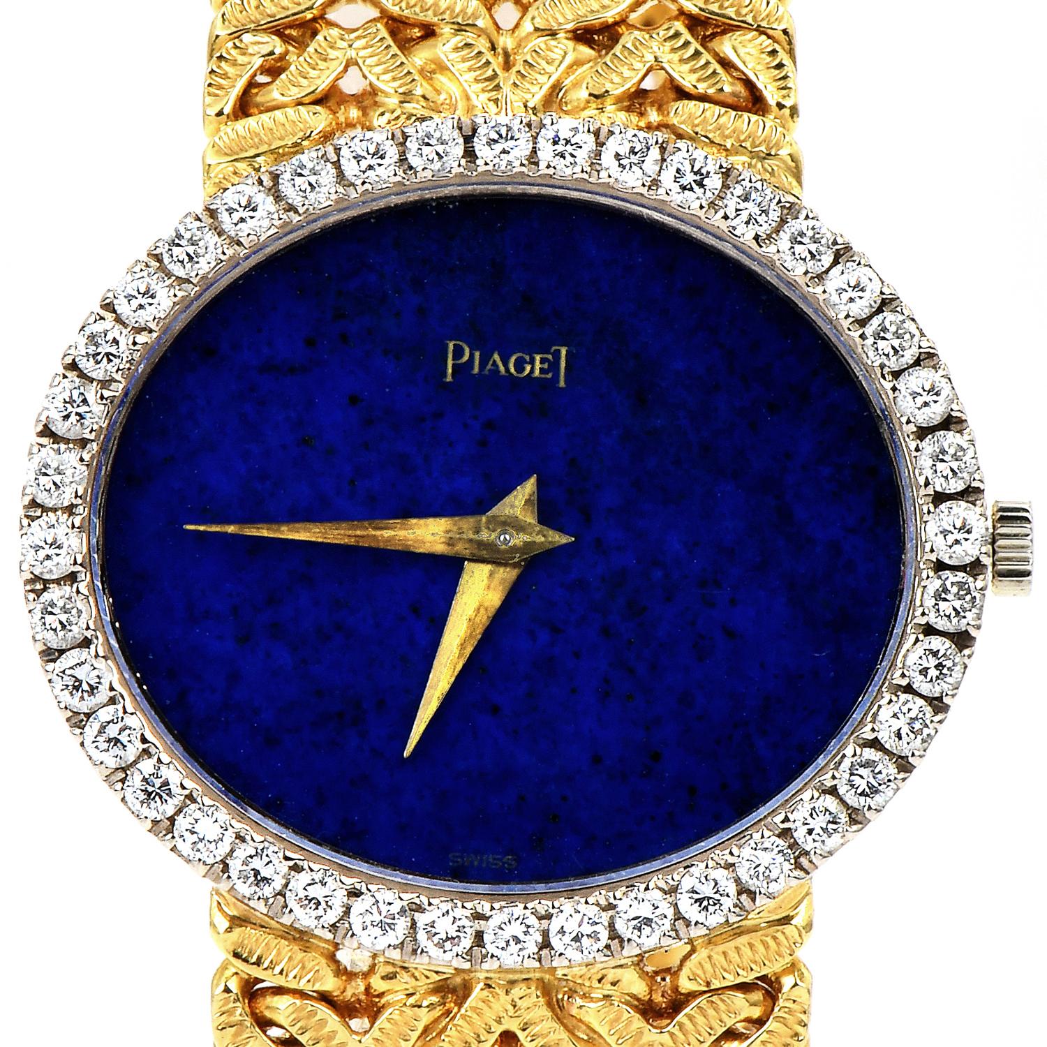 1970s designer Piaget's ladies' watch in solid 18-karat yellow gold. 

Embellished with factory set diamond. Sapphire Crystal, Genuine lapis Dial, 24mm case( without Crown), and 40 factory set round diamonds approx. 0.75 carats, F-G color VVS