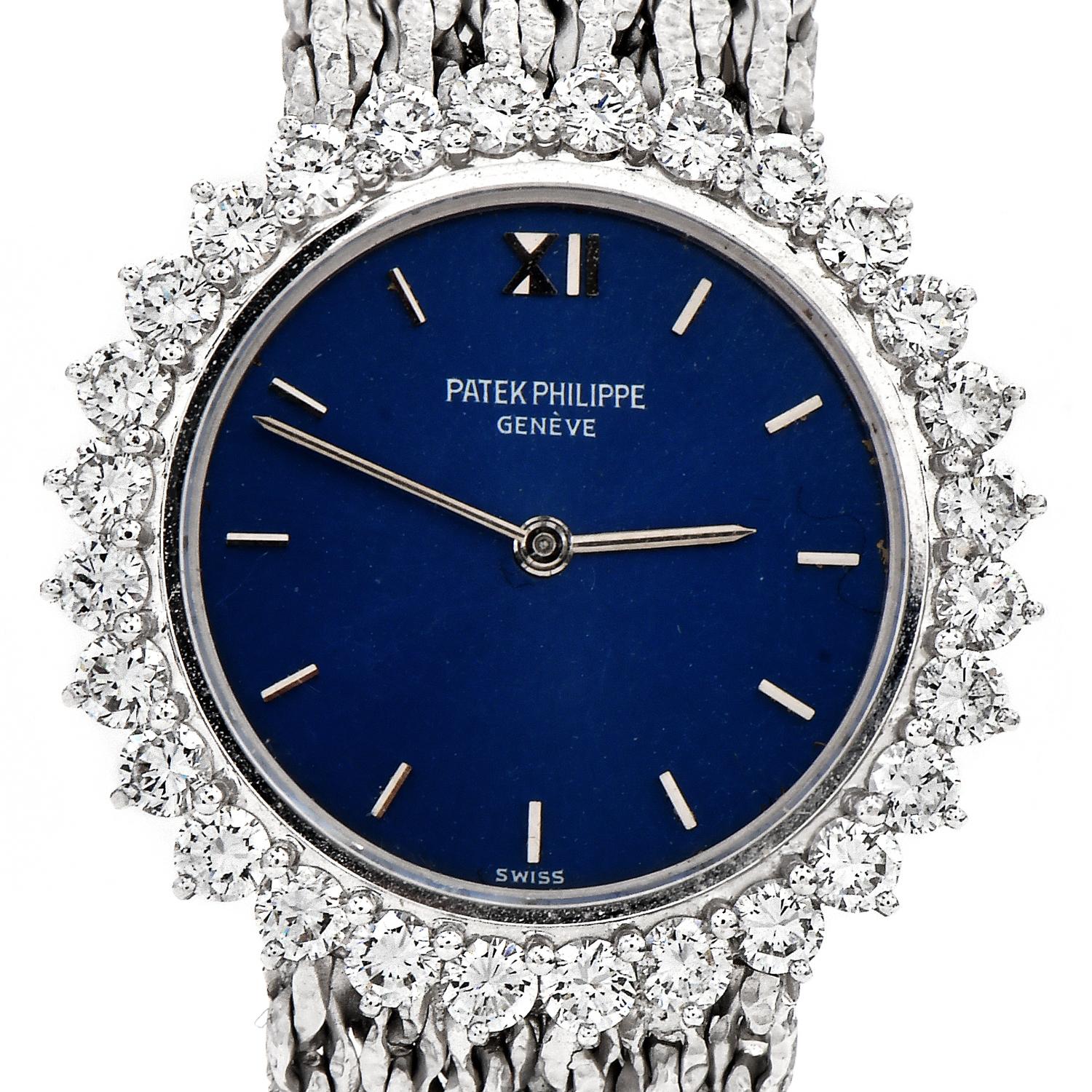 Round Cut Patek Philippe Round Blue Dial 18k Gold Diamond Ladies Watch