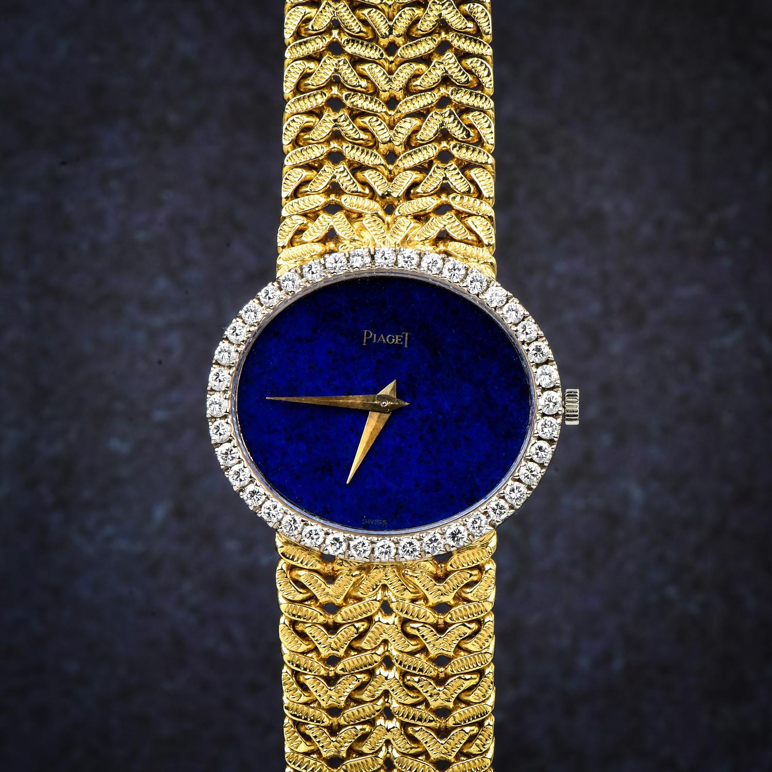 Round Cut Vintage Piaget Diamond Lapis Dial 18 Gold Ladies Watch
