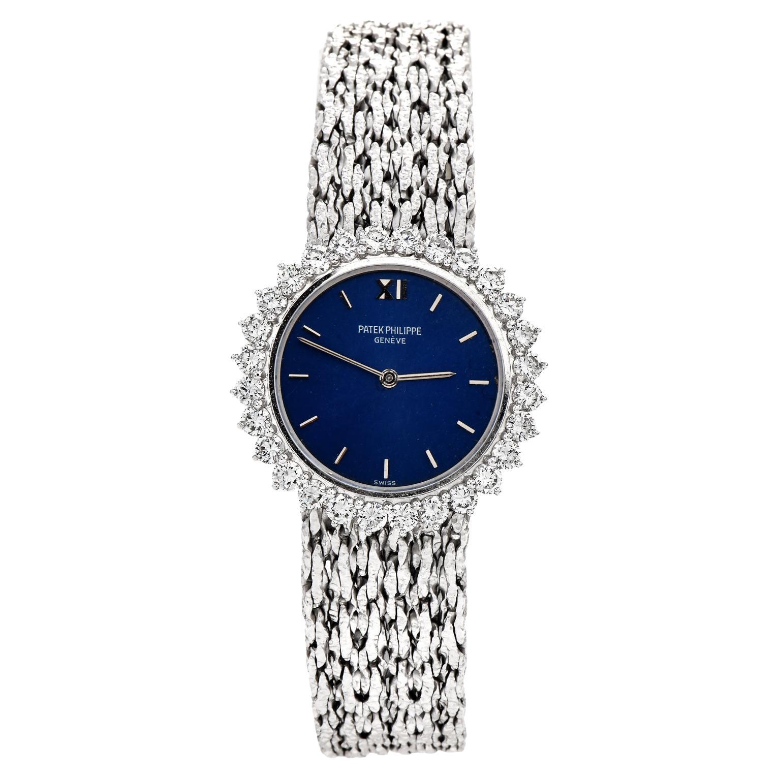 Patek Philippe Round Blue Dial 18k Gold Diamond Ladies Watch
