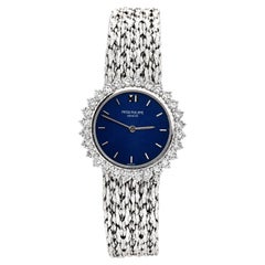 Patek Philippe Round Blue Dial 18k Gold Diamond Ladies Watch