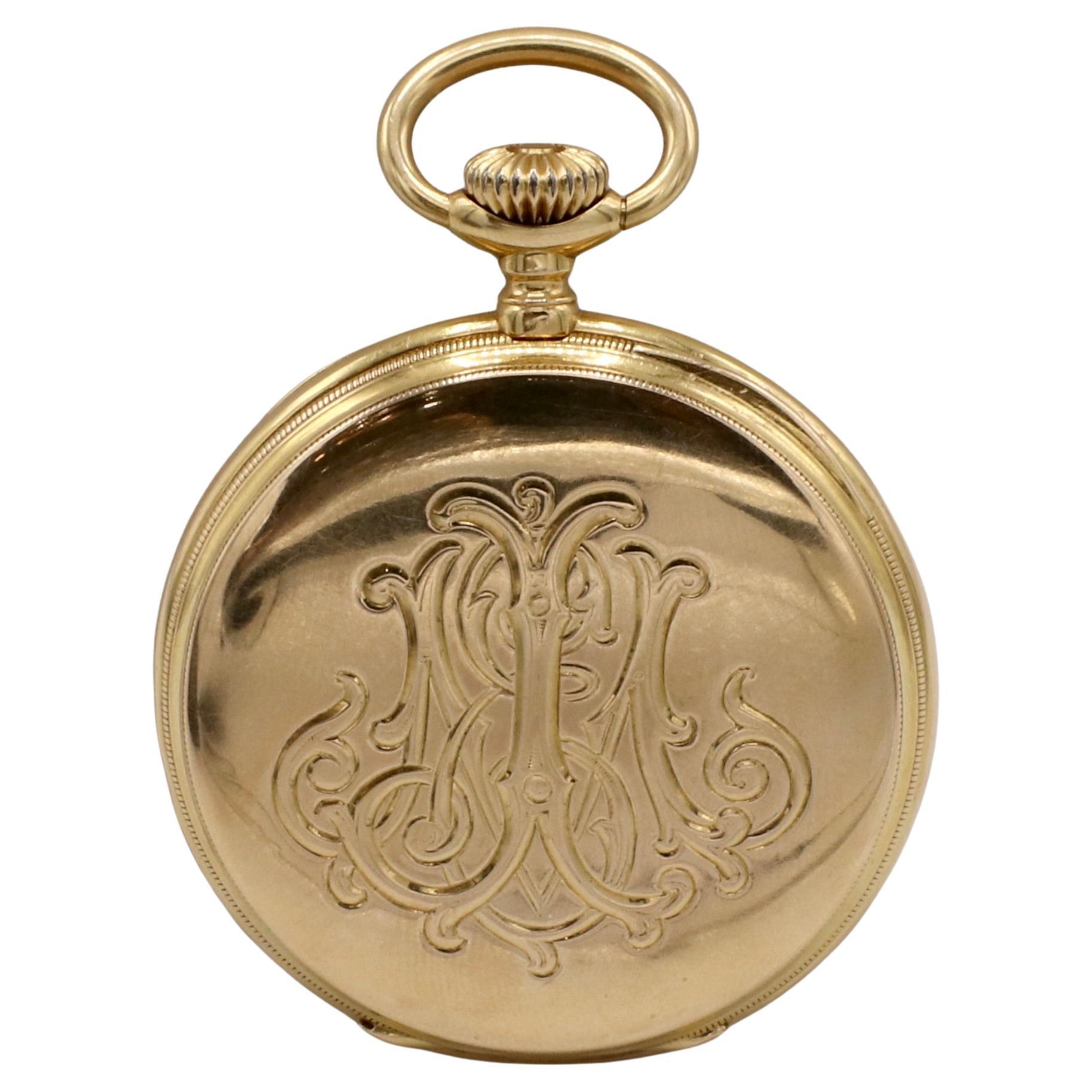 Patek Philippe Savonnette Pocket Watch Triple Signed 18 Karat Yellow Gold 1891

Metal: 18k yellow gold
Weight: 65.3 grams
Case: 47mm, 57mm to end of crown stem 
Serial: 256368
Signed: N256368 Made for Mr. Ernest Jenkins By Patek Philippe & Co.