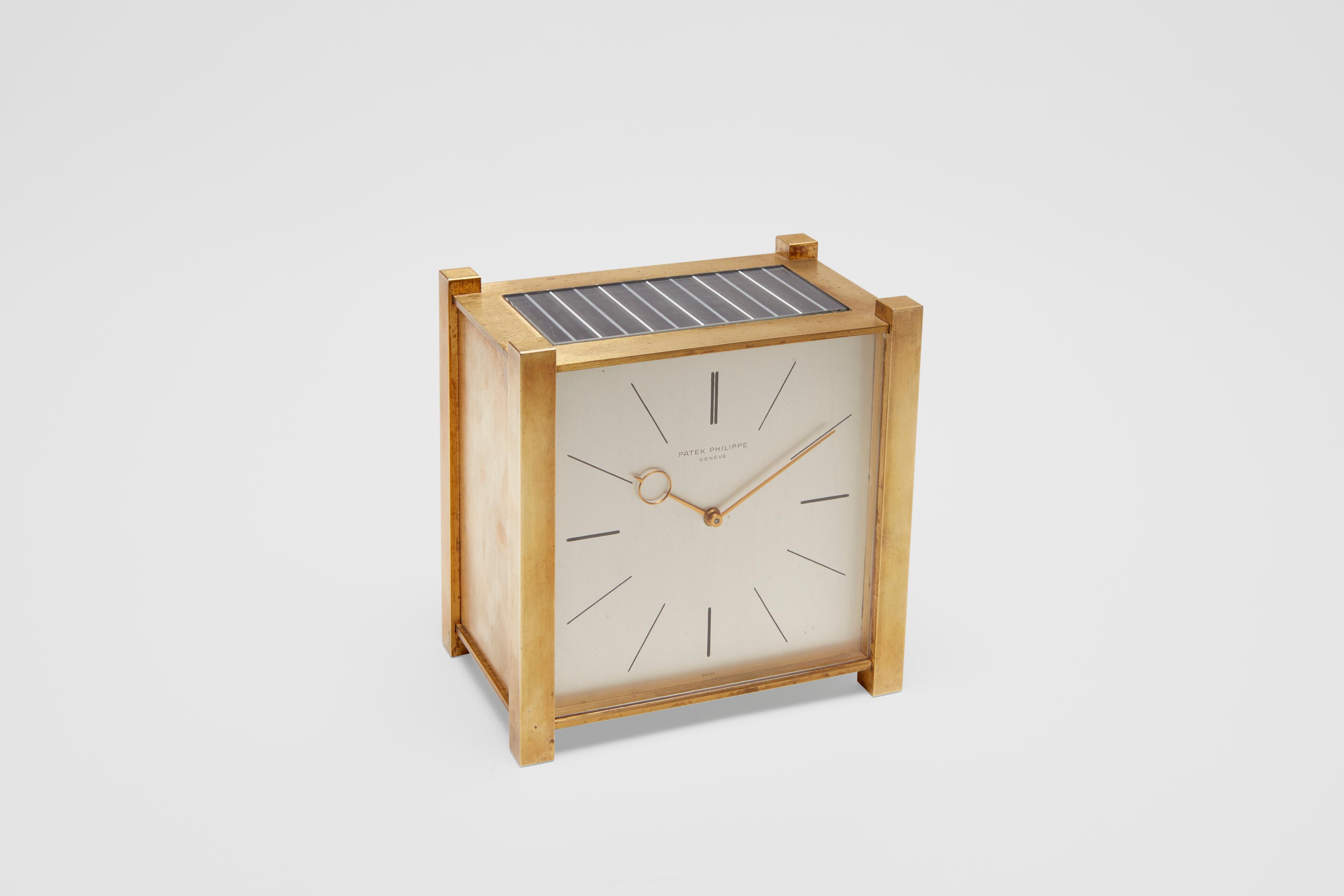 A gilt metal solar powered mantle clock by Patek Philippe. This is a fantastic piece of not only Patek Philippe history but also quite an advanced time keeping instrument for its time. 

Patek began in 1950 with its first 