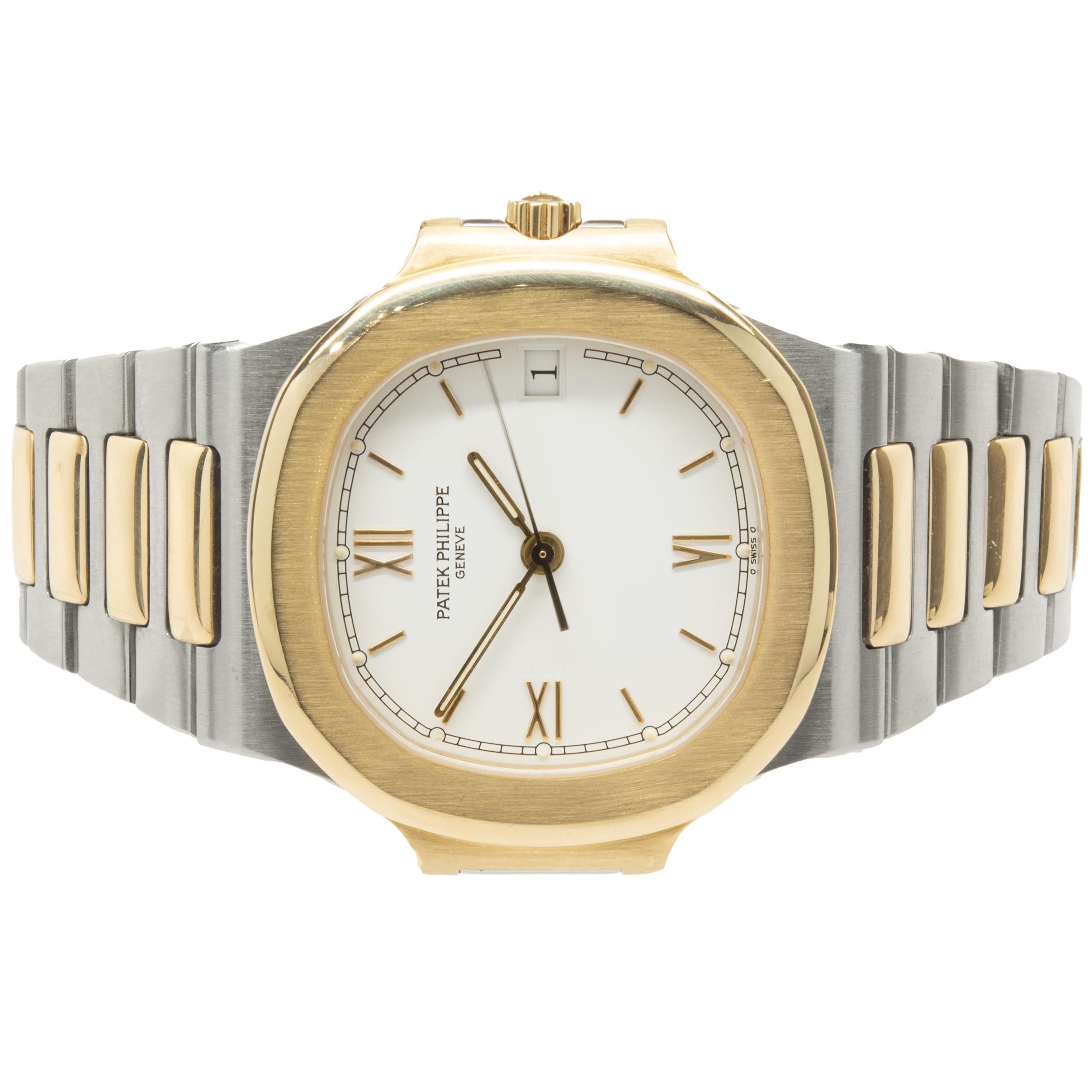 Movement: automatic
Function: hours, minutes, seconds, date
Case: 37.5mm stainless steel round case, 18K yellow gold smooth bezel, sapphire crystal, push pull crown
Band: Patek Philippe stainless steel & 18K yellow gold bracelet, integrated