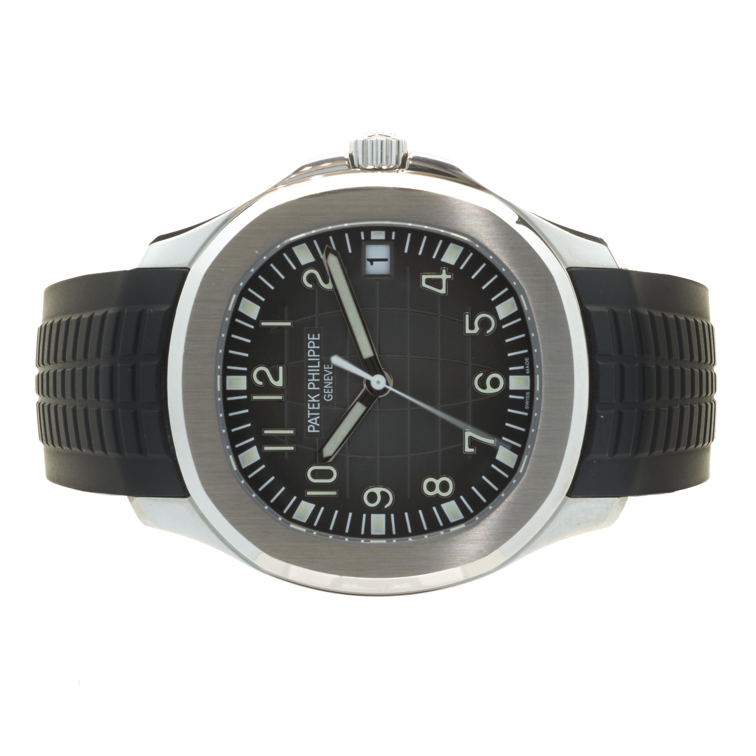 Movement: automatic, Caliber 324
Function: hours, minuets, seconds, date
Case: 40.8mm stainless steel round case, sapphire crystal
Dial: black embossed dial
Band: Patek Philippe “Tropical” composite black strap, fold-over clasp
Reference #: