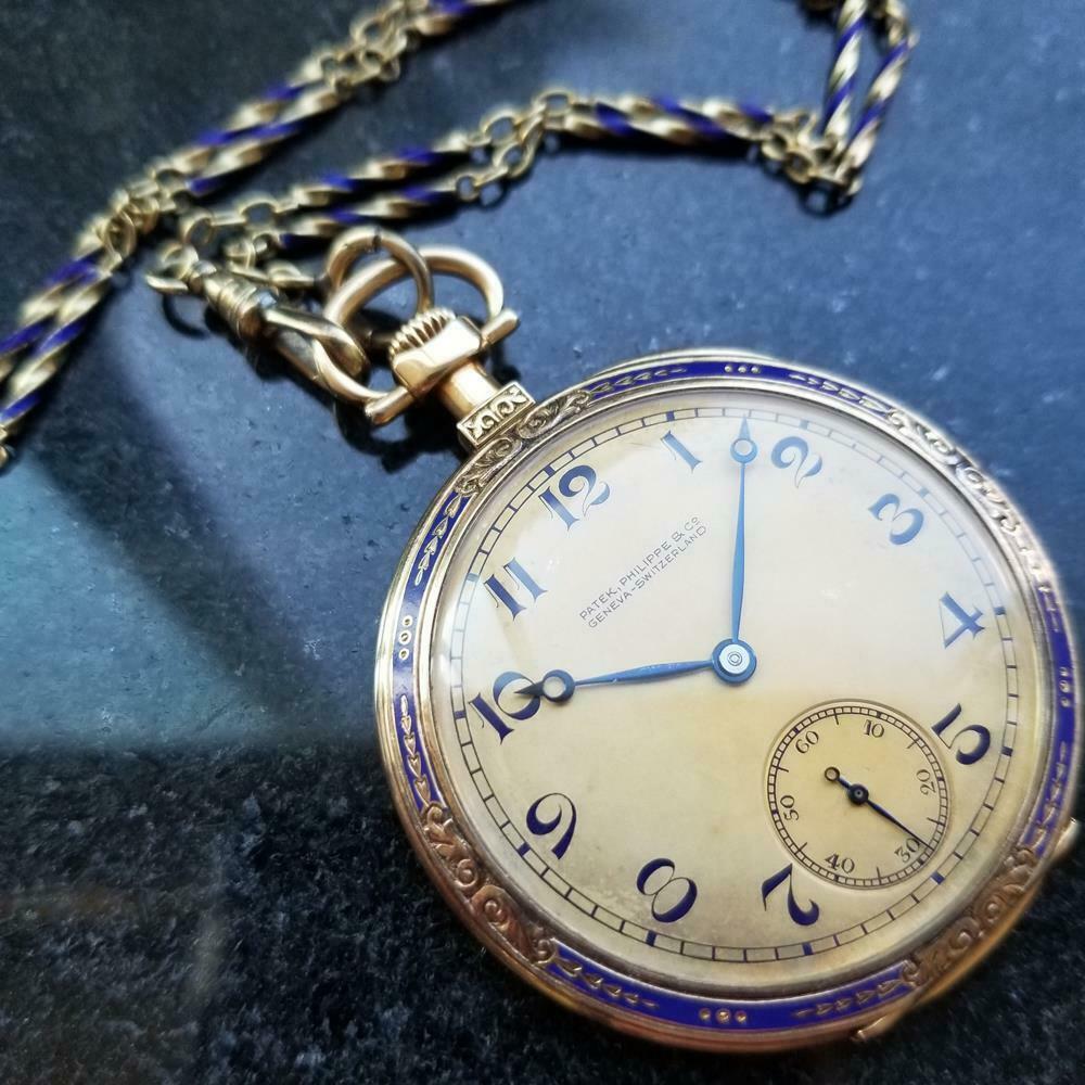 Timeless luxury, 18k solid gold and enamel Art Deco Patek Philippe open face pocketwatch, c.1920s, with original chain, box and papers. Verified authentic by a master watchmaker. Gorgeous gold Patek Philippe signed dial, Arabic numeral hour markers,