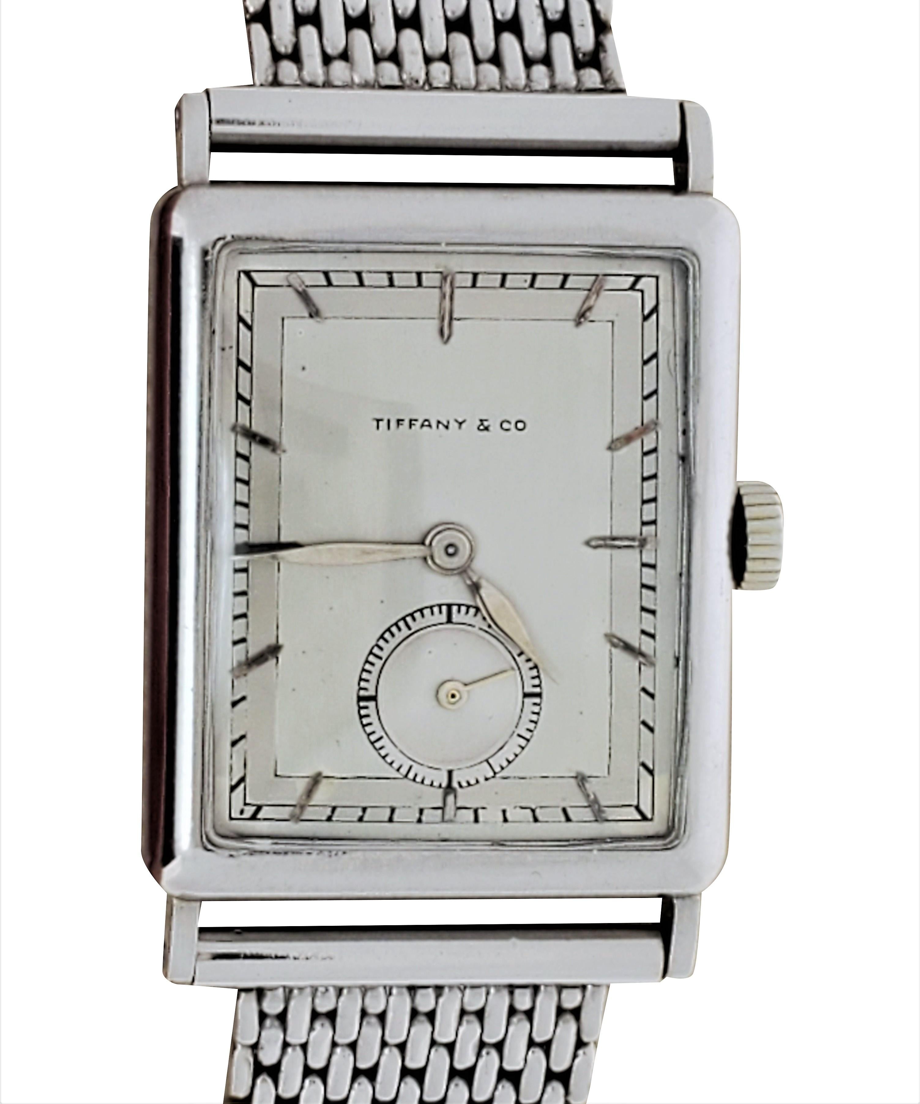 Women's or Men's Patek Philippe Tiffany  Early Platinum Art Deco Tank style watch,  Circa 1930's For Sale