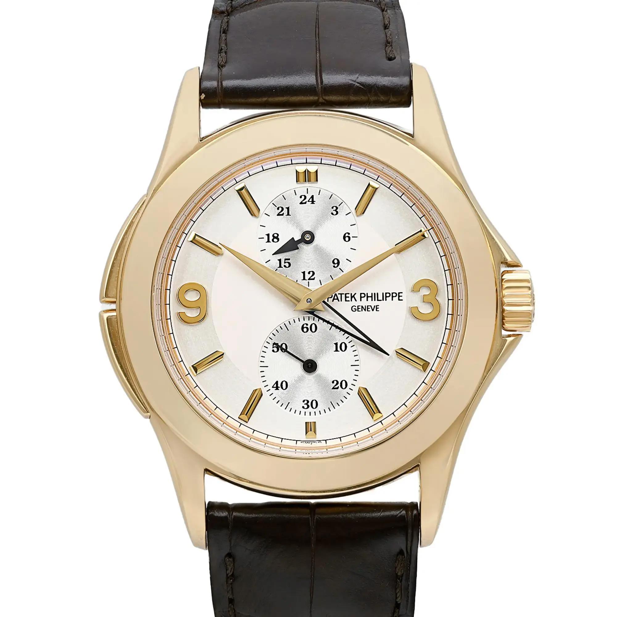 Pre-owned. Good condition. Visible signs of wear on the band.

Brand: Patek Philippe
Model Number: 5134J
Department: Men
Country/Region of Manufacture: Switzerland
Style: Luxury
Model Name: Patek Philippe Travel Time
Vintage: No

Movement:
Type: