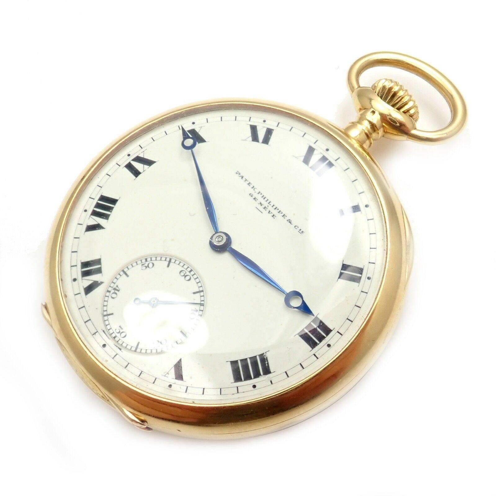 18k yellow gold triple signed pocket watch by Patek Philippe.
Works great, a must have.
Details:
Case Size: 46.5mm
Weight: 71.5 grams
Movement: Manual wind
Dial: Porcelain Dial
Stamped Hallmarks: Patek Philippe & Cie
Geneva Switzerland
PPco 18k