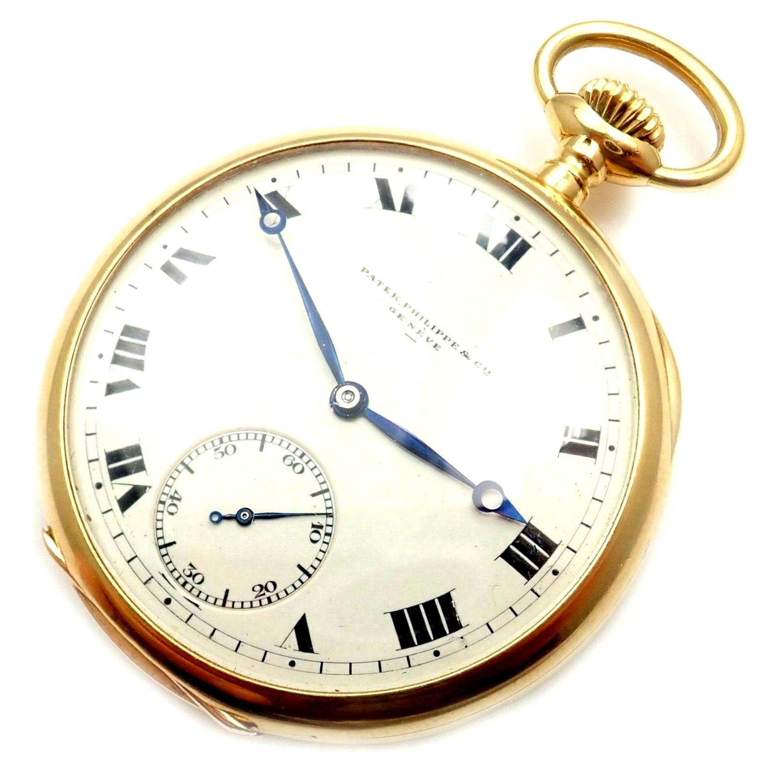 18k yellow gold triple signed pocket watch by Patek Philippe.
Works great, a must have.
Details:
Case Size: 46.5mm
Weight: 71.5 grams
Movement: Manual wind
Dial: Porcelain Dial
Stamped Hallmarks: Patek Philippe & Cie
Geneva Switzerland
PPco 18k