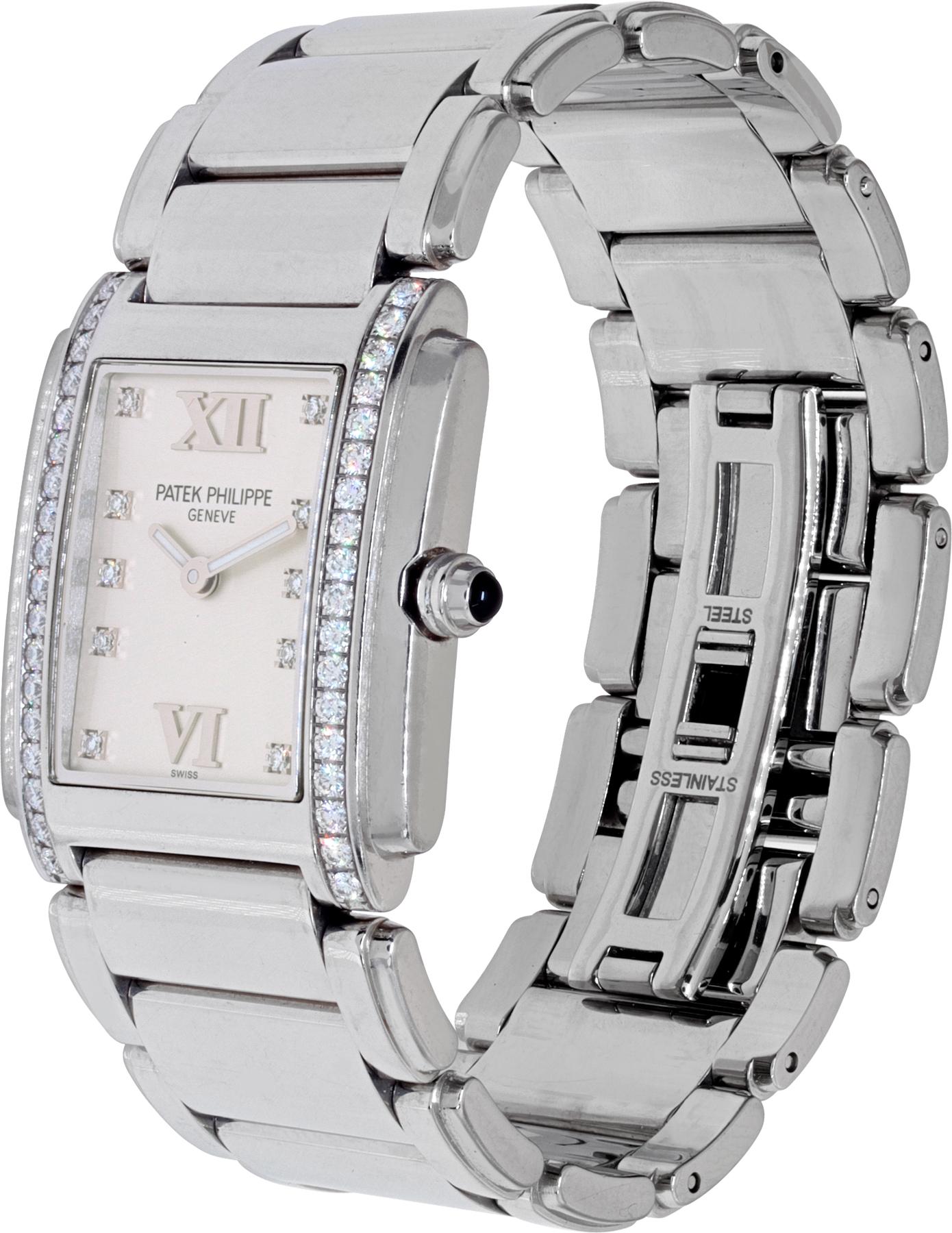 Patek Philippe Twenty-4 in stainless steel with diamond dial and diamond bezel. Quartz. 30 x 25mm case size. Ref 4910. Fine Pre-owned Patek Philippe Watch.

 Certified preowned Dress Patek Philippe Twenty 4 4910 watch is made out of Stainless steel