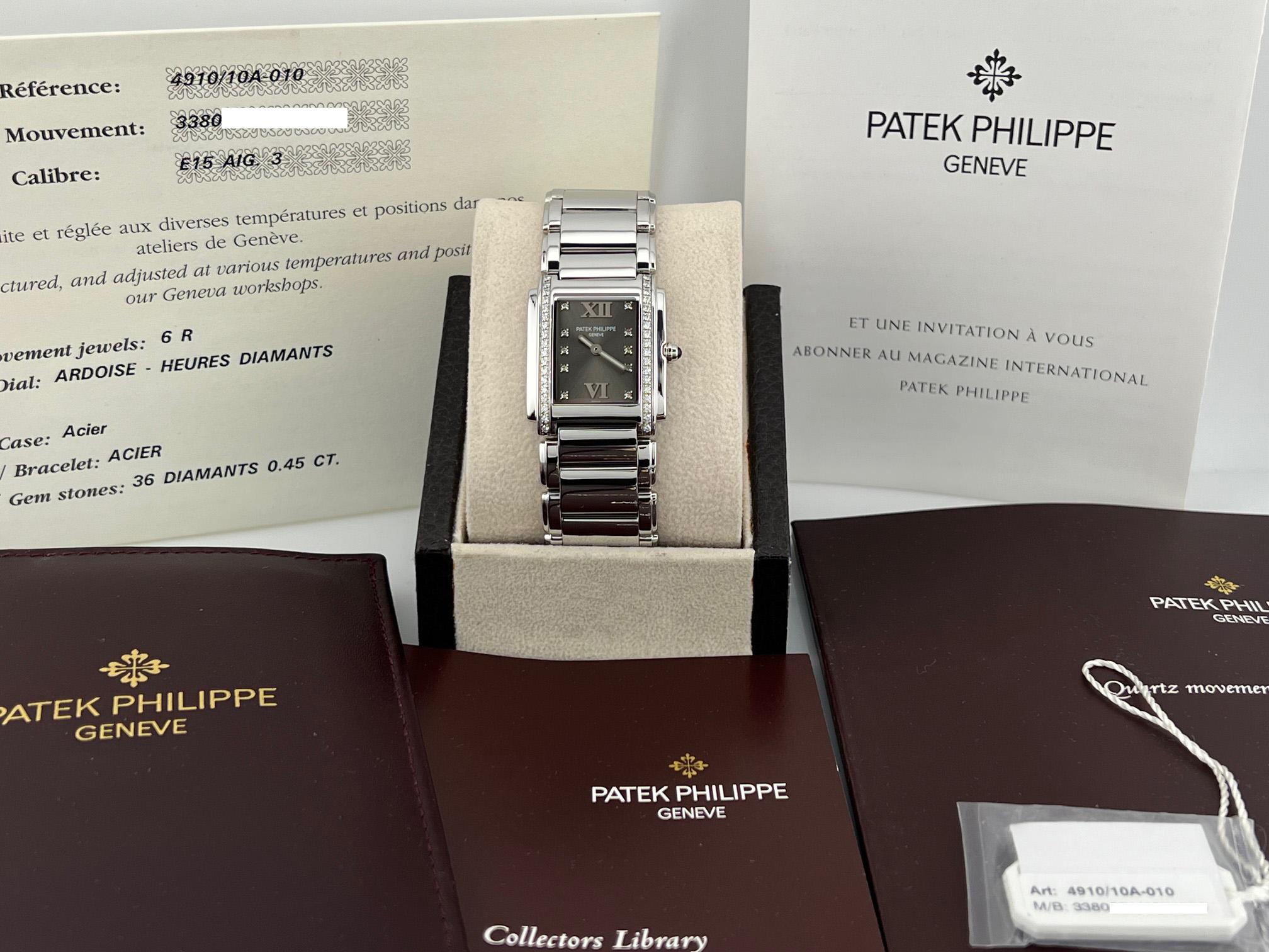 Número de estilo: 4910/10A-010

De serie: 3380****/******

Año: 2005
 
Model: Patek Philippe Veinte~4
 
Material de la caja: Acero inoxidable 
 
Banda: Acero inoxidable 
  
Bisel: Bisel de diamante de fábrica
  
Esfera: Esfera de diamante gris de