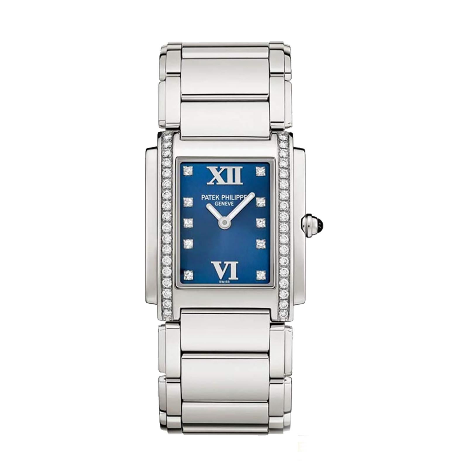 Round Cut Patek Philippe Twenty-4 4910/10A in Stainless Steel Blue Diamond Dial Watch For Sale