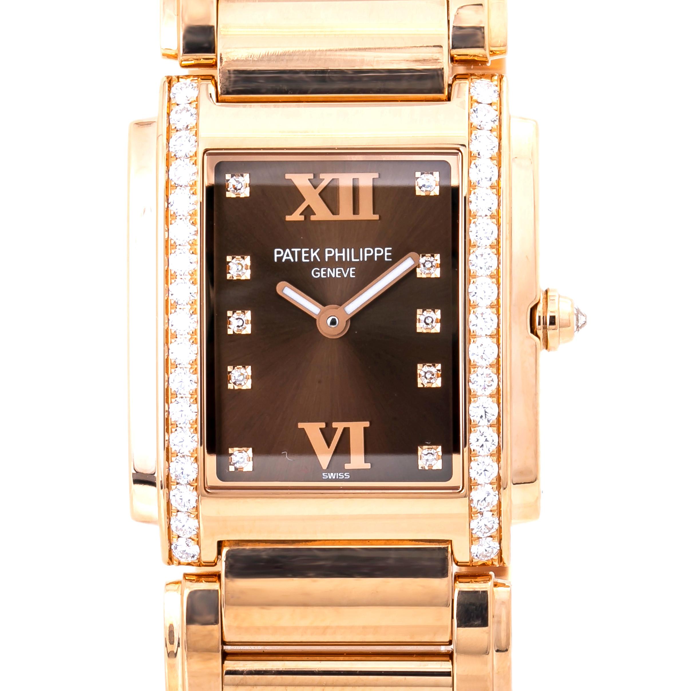 Modern Patek Philippe Twenty-4 4910/11R-010 18 Karat Rose Chocolate Dial with Box& Pap