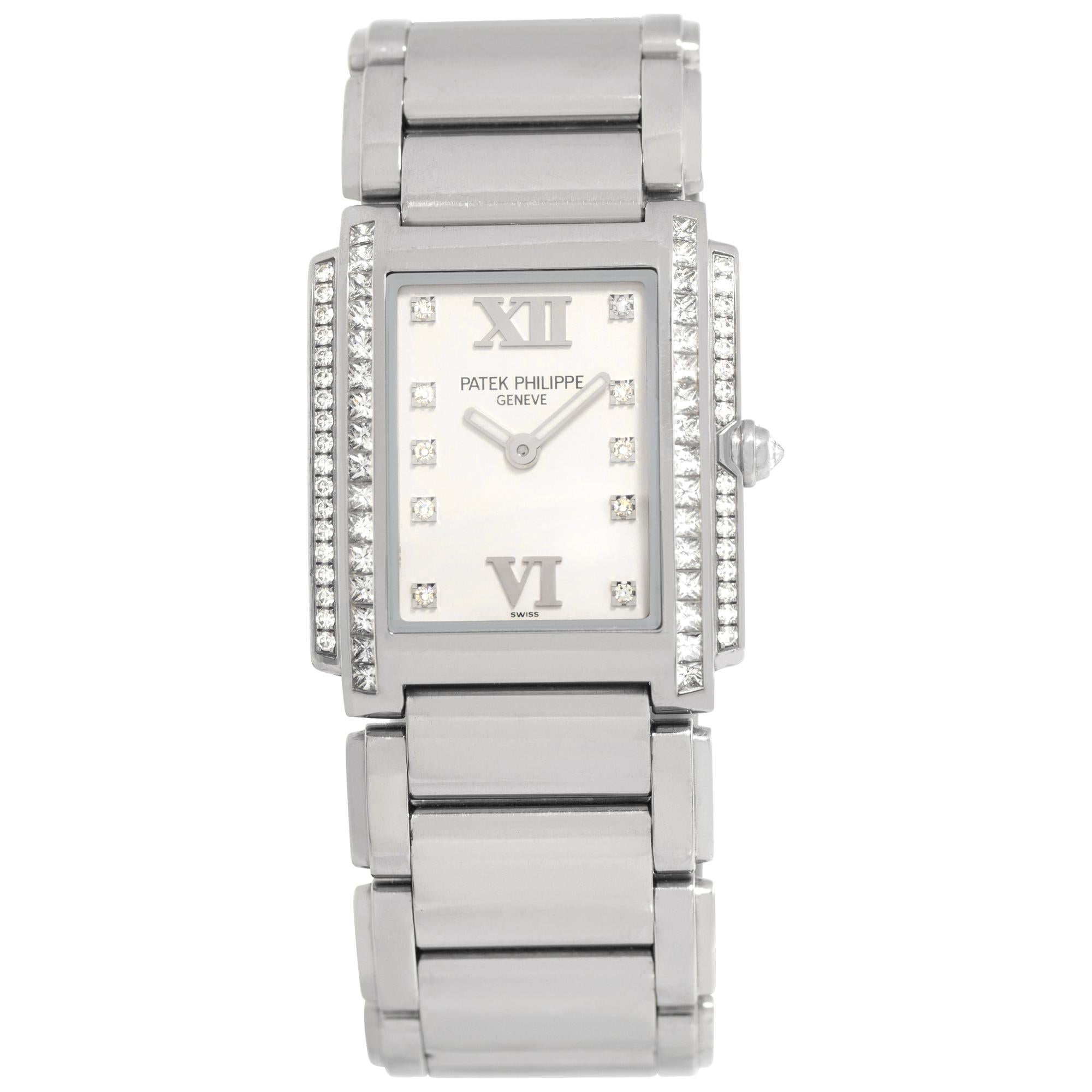 Patek Philippe Twenty 4 4910/20G in White Gold w/ a White dial 25mm Quartz watch For Sale