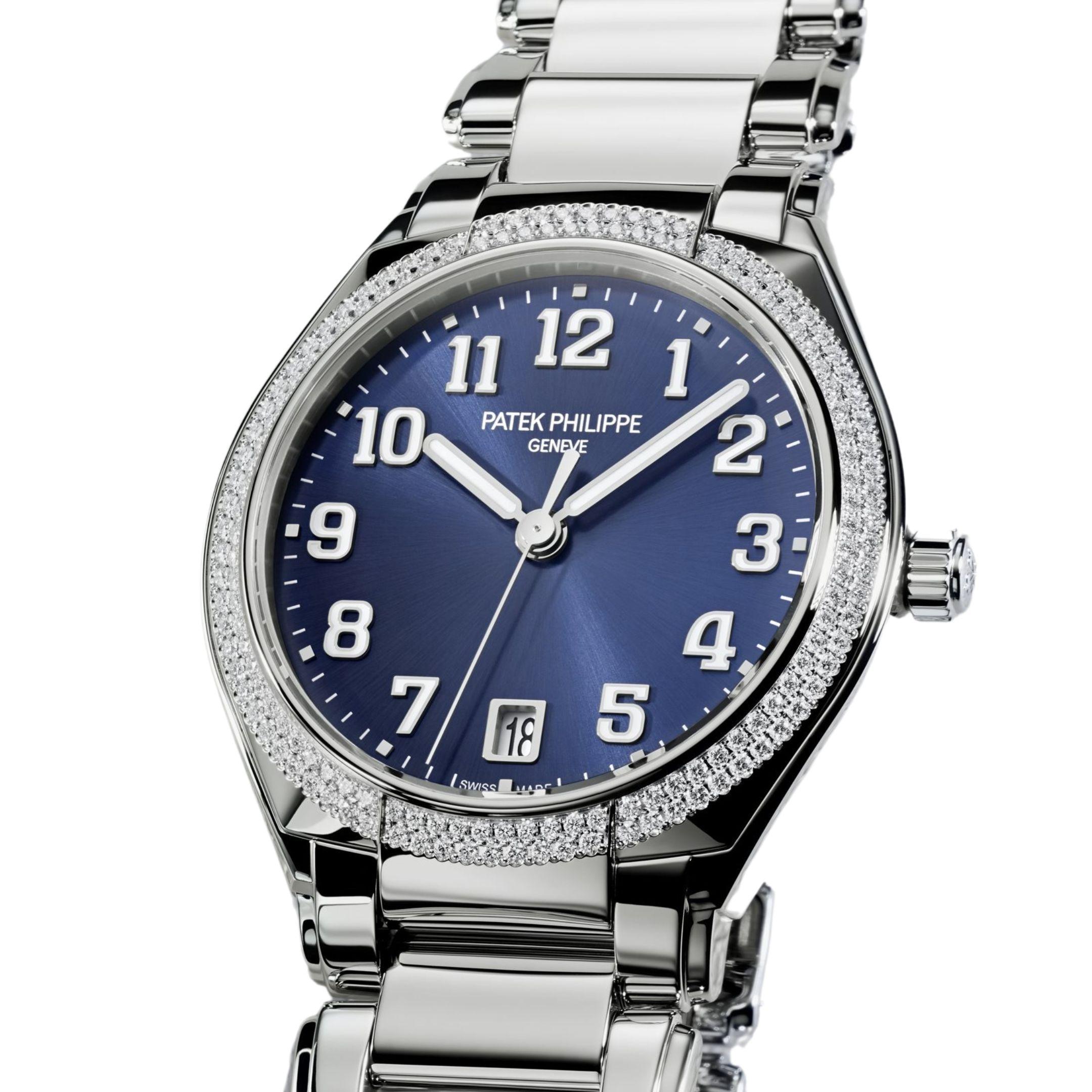 Jewels Aficionado offers the Patek Philippe Twenty-4 7300/1200A-001 in stainless steel with a blue dial is a perfect balance of modern design and classic elegance. The blue dial adds depth and contrast to the stainless steel case, making it a